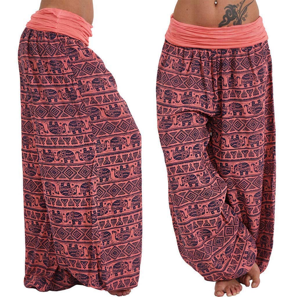 Generisch Pantalon sarouel pour femme - Pantalon bombé - Motif bohème - Taille haute - Taille élastique - Pantalon de yoga ample - Pantalon d'été aéré - Pantalon de yoga décontracté - Pantalon de