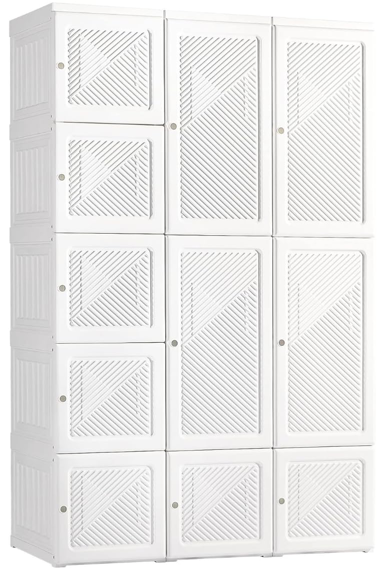 HAIS Portable Wardrobe Closet Storage Organizer Portable Plastic Closet Armoire Wardrobe (11 Doors-10 Cubbies-2 Hanging Rods) Collapsible Foldable Wardrobe Magnetic Doors