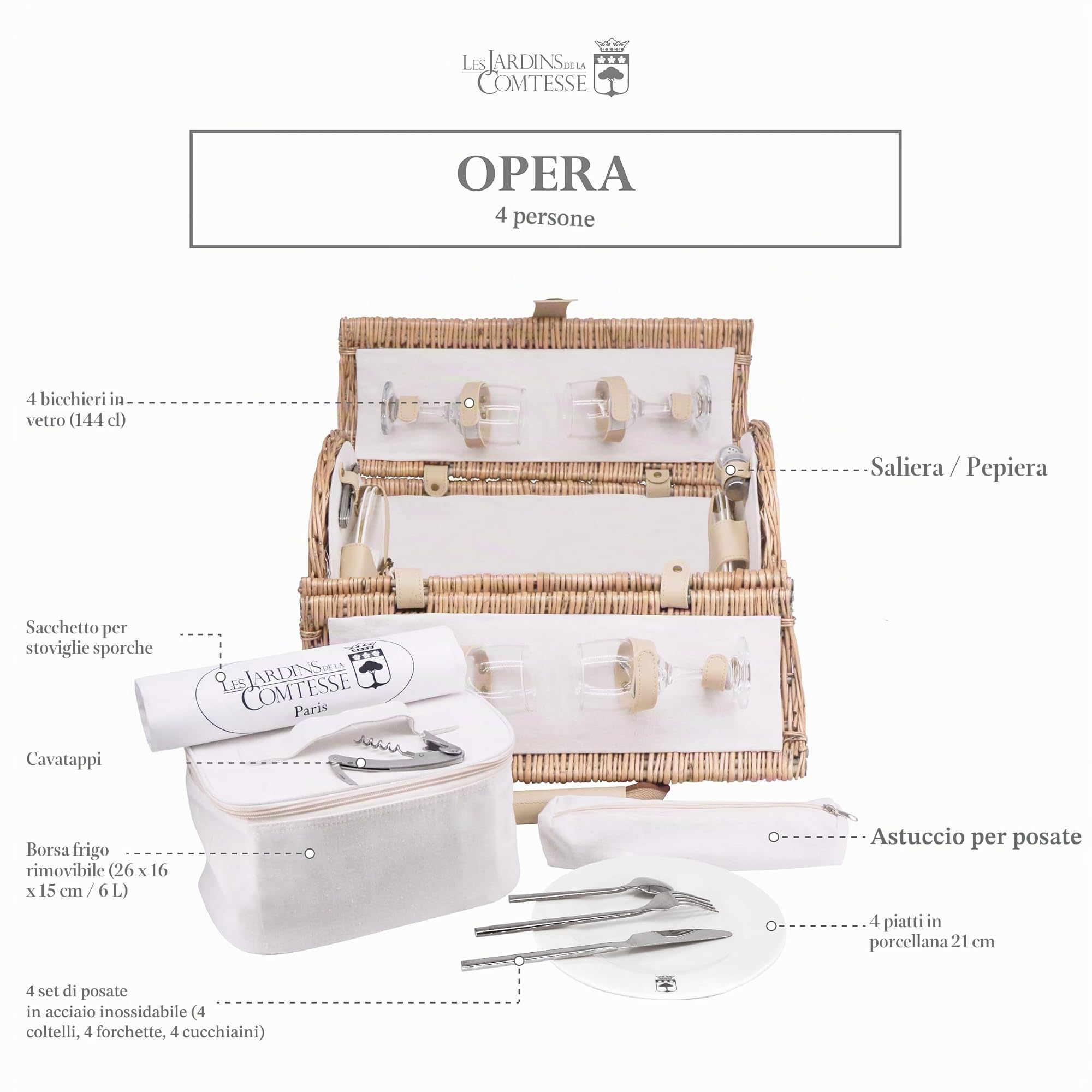Les Jardins de la Comtesse-Cestino in vimini "Opéra" per 4 persone di colore beige, completo con scomparto isotermico amovibile - Dimensioni: 47 x 30 x 30 cm