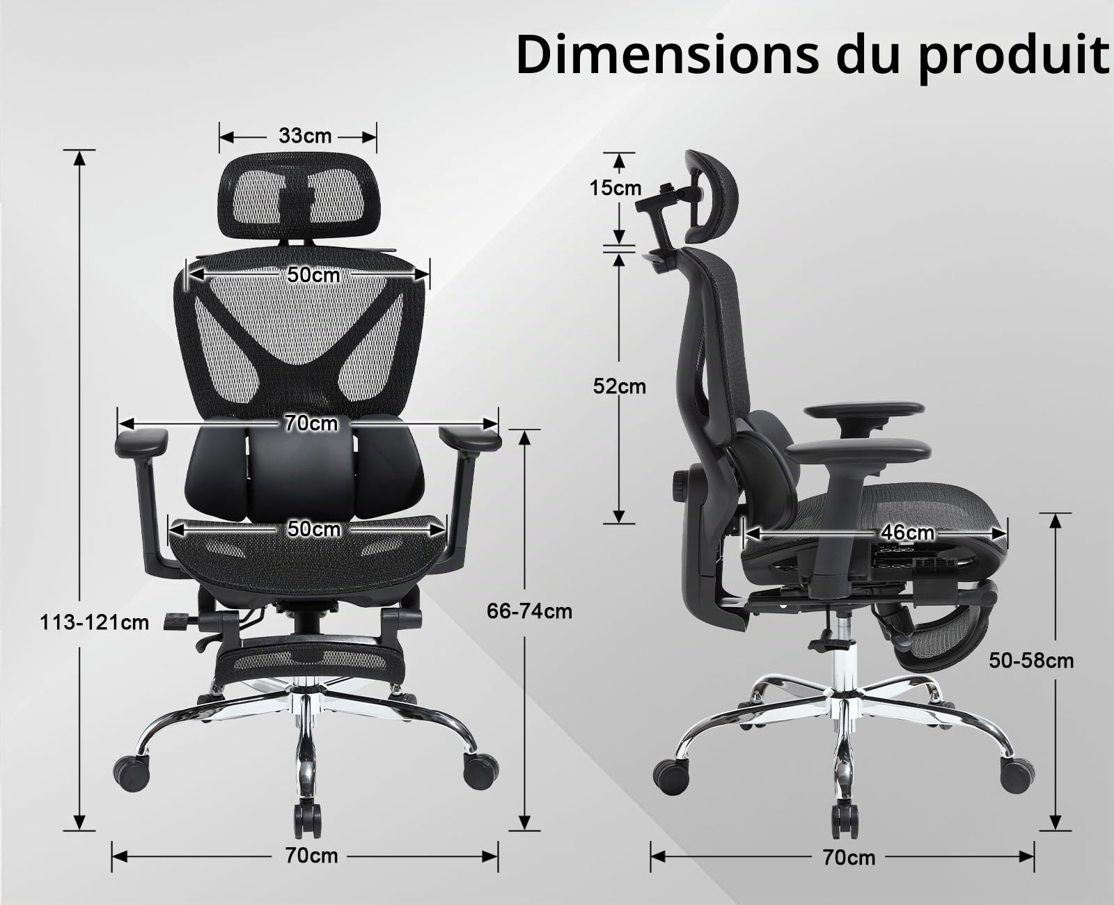 Ya-Home Fauteuil de Bureau Ergonomique en Maille avec Repose-Pieds, Noir