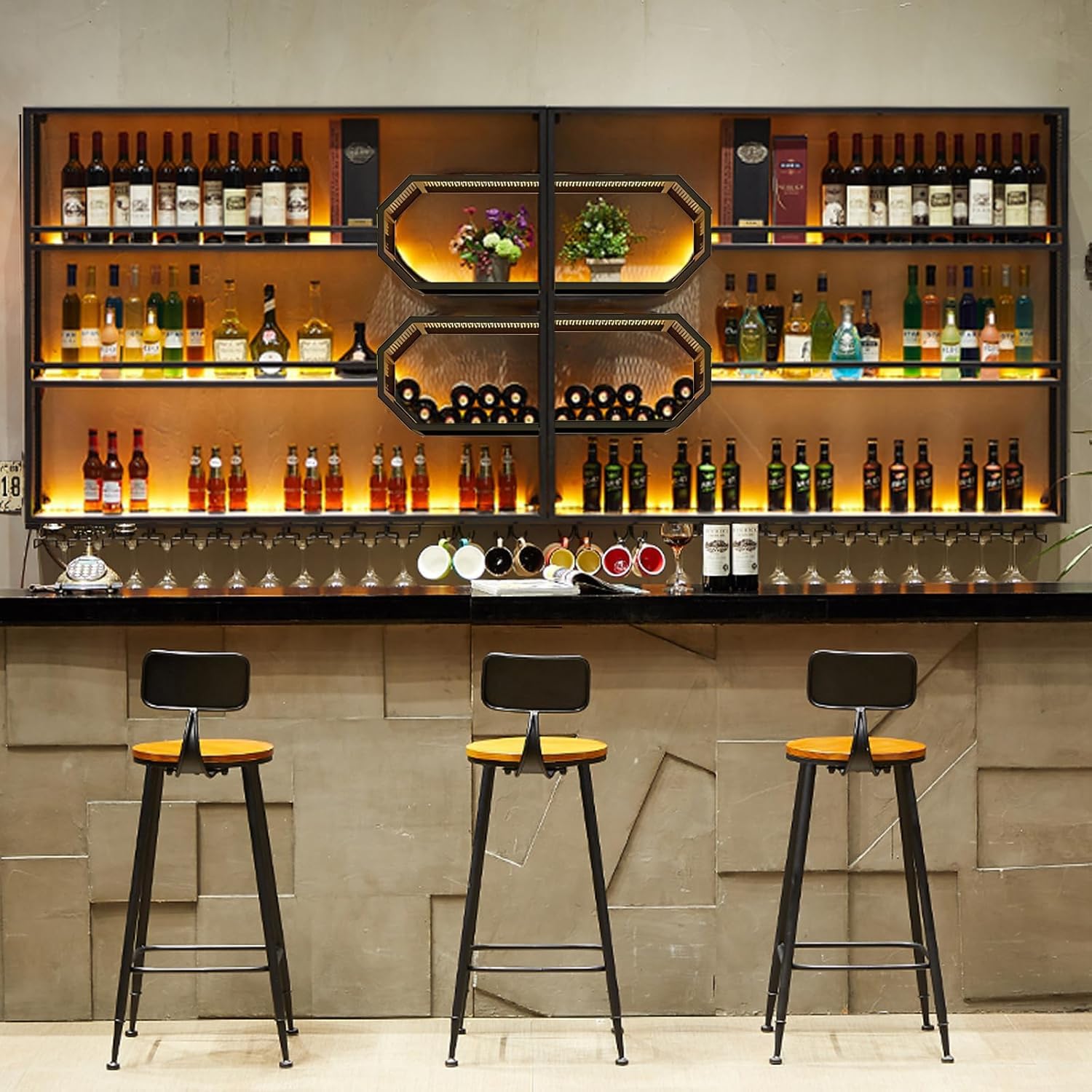 241cm Botellero Pared 4 Niveles LED y Copas Hierro Madera | Estante colgante hierro madera 4 niveles, tira LED cálida, soporte copas, 70 lbs/capa, fácil montaje, decoración bar