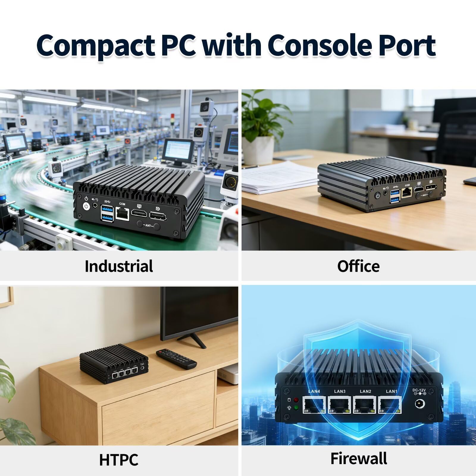 Firewall Mini PC J3710 Quad Core, 4 x i225V 2.5GbE LAN Fanless OPNsense Appliance, Barebone, F3 Micro Router Computer Hardware, AES-NI, HD+DP Dual Display, Console, 2USB3.0, SPK/MIC