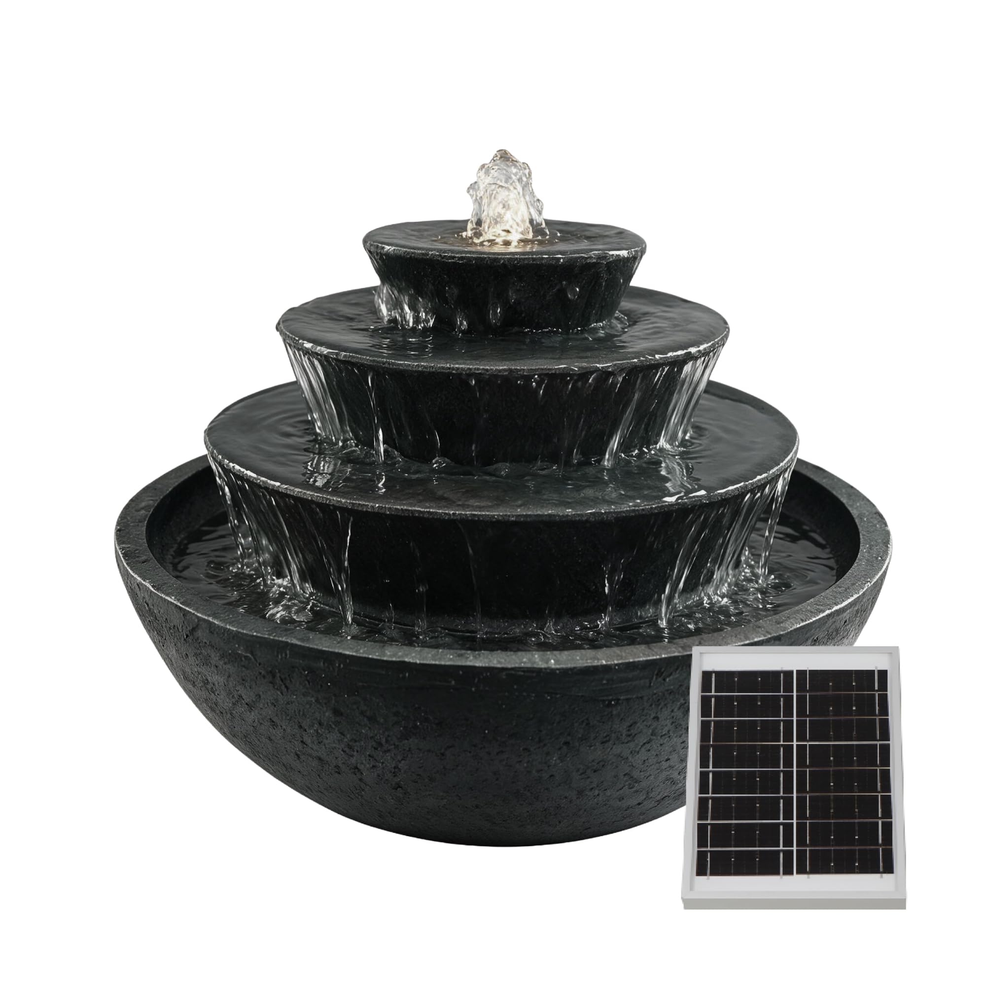 Solar Water Feature, Tiered Stacked Bowl with Battery Backup – Solar Powered Garden Fountain, Self-Contained Design, No Wiring or Running Costs, Outdoor Patio & Lawn Décor