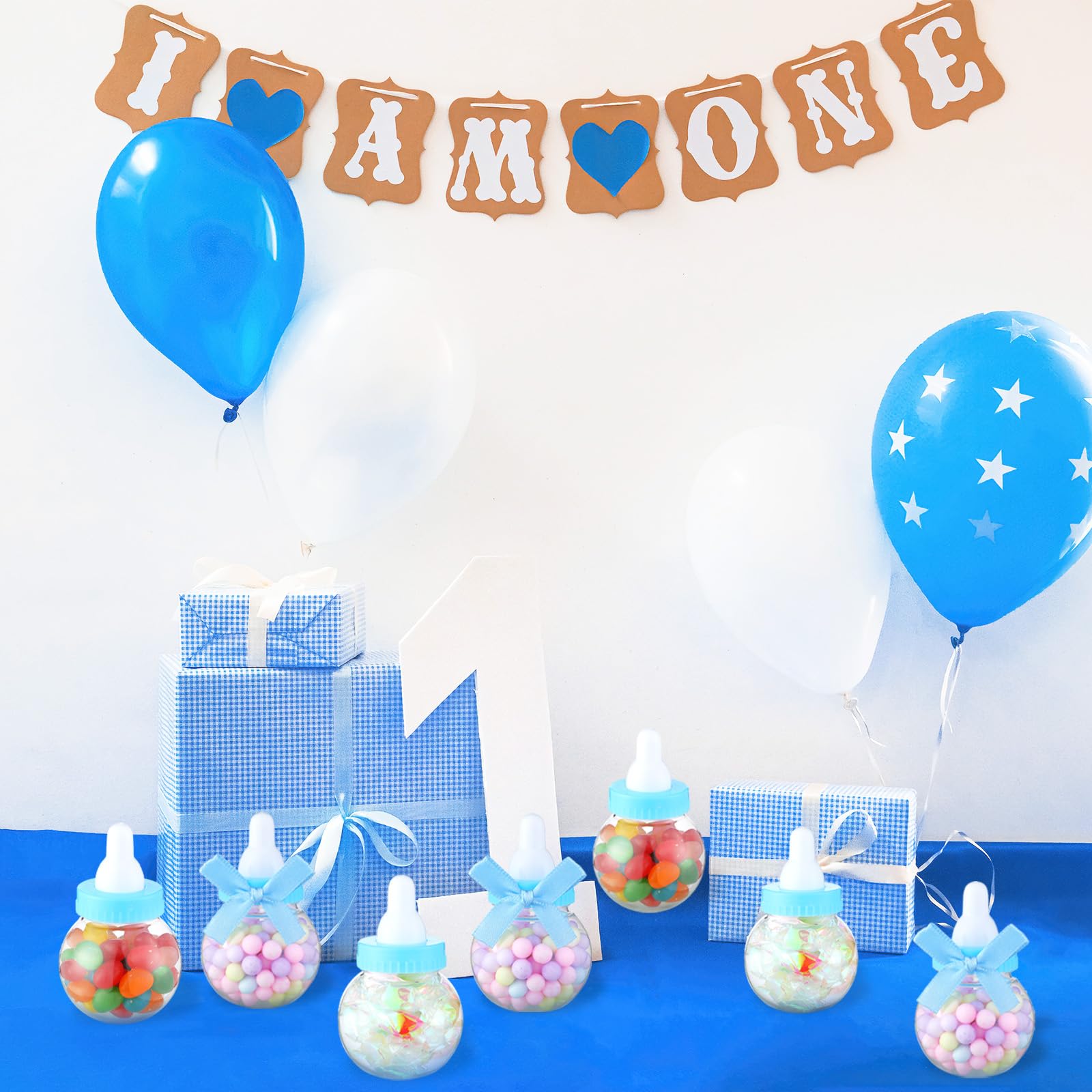 Sosation 48 botellas de regalo para baby shower, mini botella de leche, regalo de fiesta, tarro de dulces para baby shower con nudos de lazo para revelación, regalos de fiesta de cumpleaños, regalo