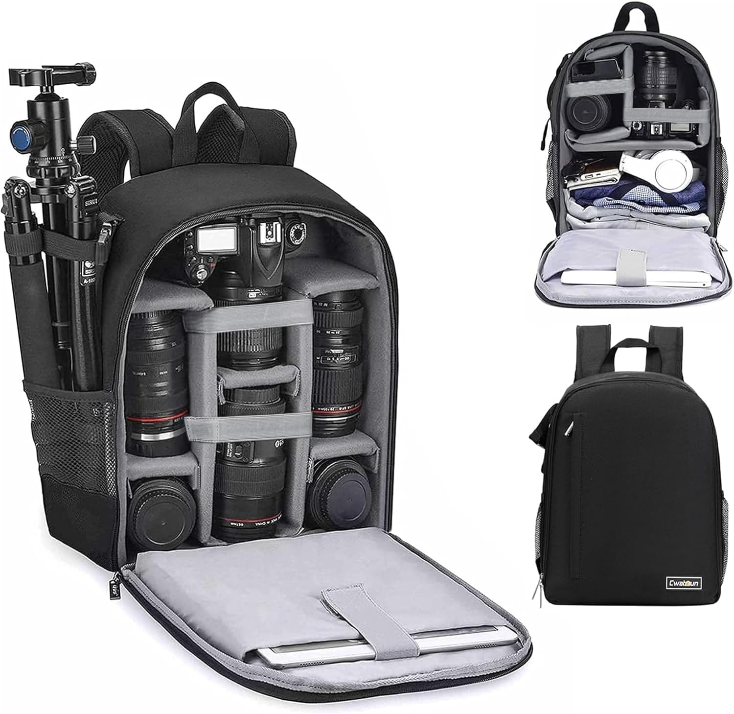 RAINSMORE Camera Bag Backpack For DSLR/SLR Mirrorless 15.6 Inch Laptop Camera Back Pack For Photographers Anti-Theft Photography Bags Case With Tripod Holder & Rain Cover, Black - Leo Views - View #2