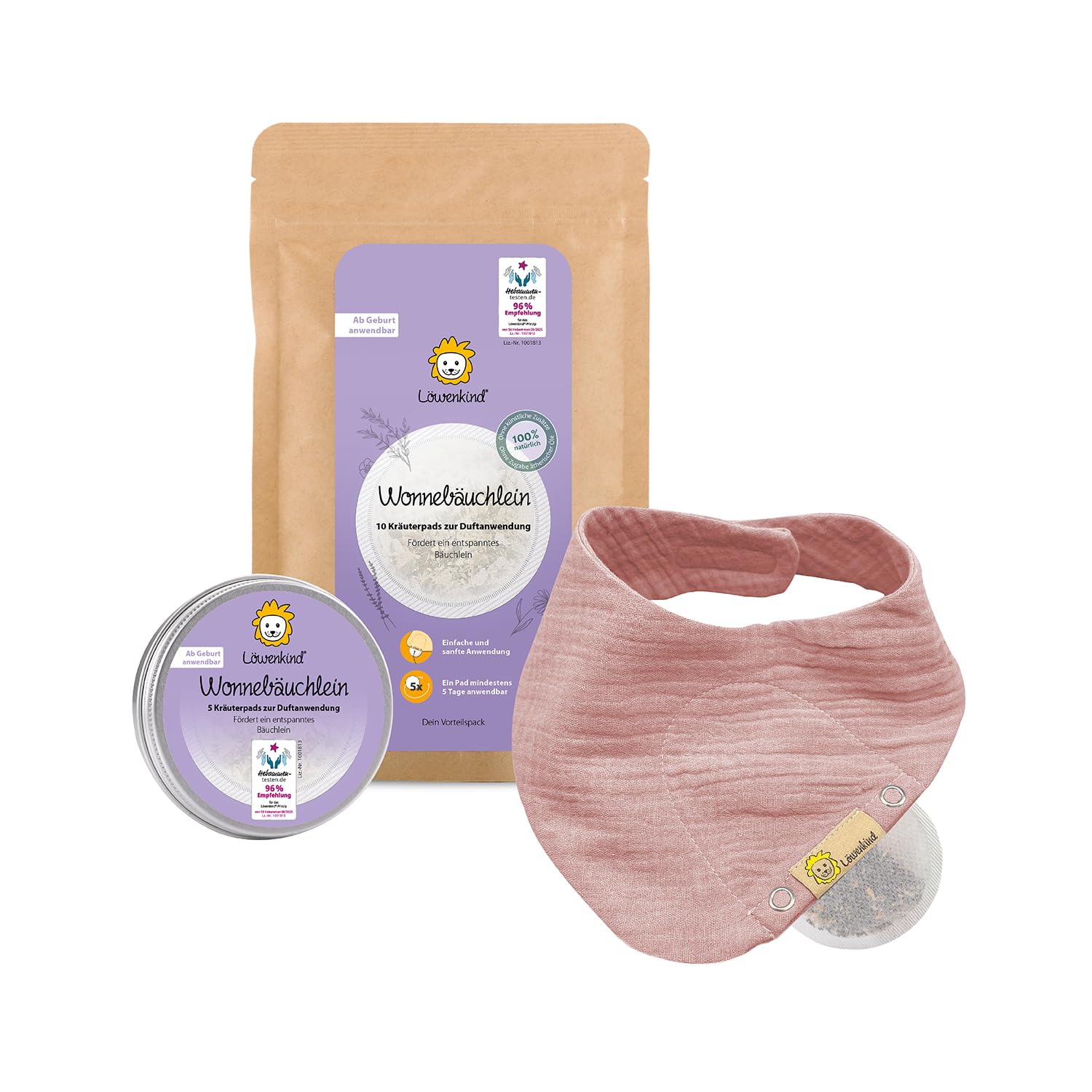 LÖWENKIND Wonnebäuchlein-Set für Bauchbeschwerden bei Babys und Kindern | Natürliche Kräuterpads ohne Zusatz ätherischer Öle Ab Geburt anwendbar Von Hebammen empfohlen 75 Tage Anwendung (Altrosa)