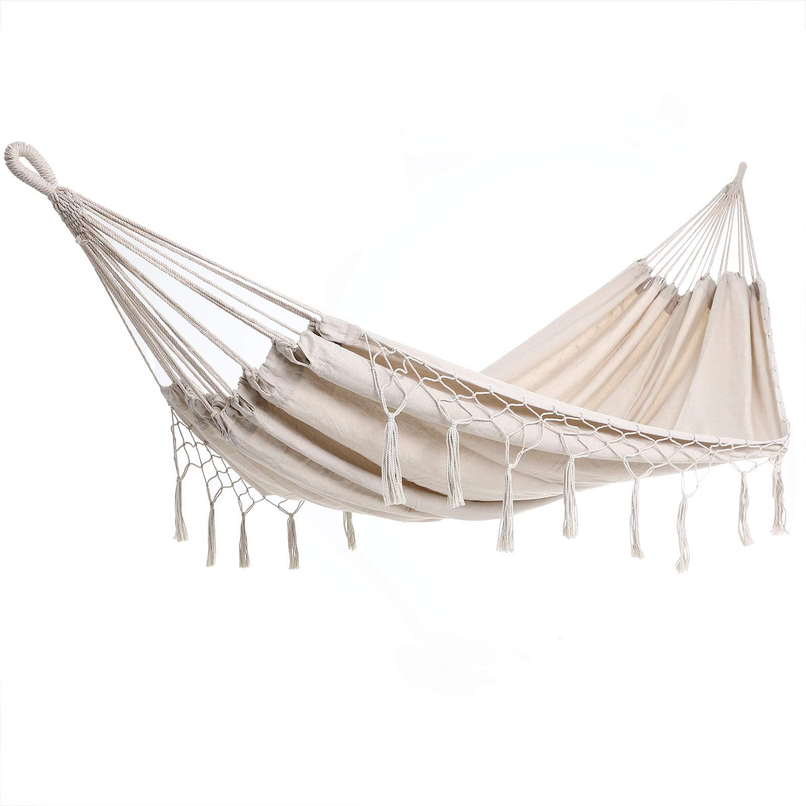 Hamaca de algódon con Flecos Crema Carga máx de 300 kg para 2 Personas 320x150 cm para su jardín terraza Camping