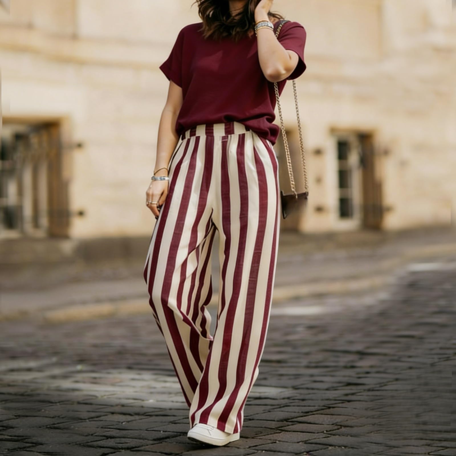 Generisch Conjunto de dos piezas de lino de algodón con rayas de corte holgado, camisa informal y pantalón clásico a rayas de pierna ancha