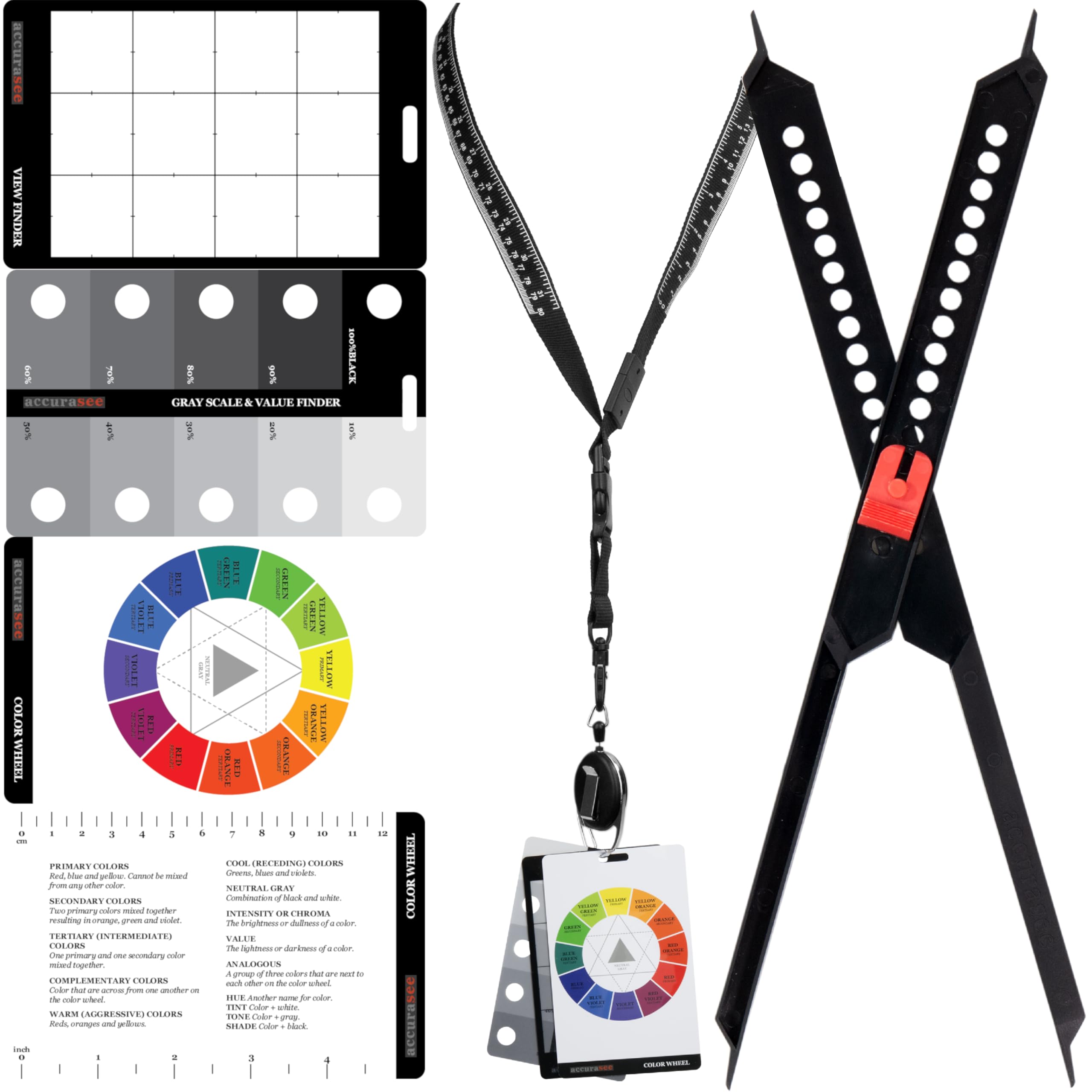Artist 11” Proportional Divider & Lanyard with 5.5" x 3.5" Gray Scale Finder, View Catcher, and Color Wheel Guide - Drawing Tools for Artists
