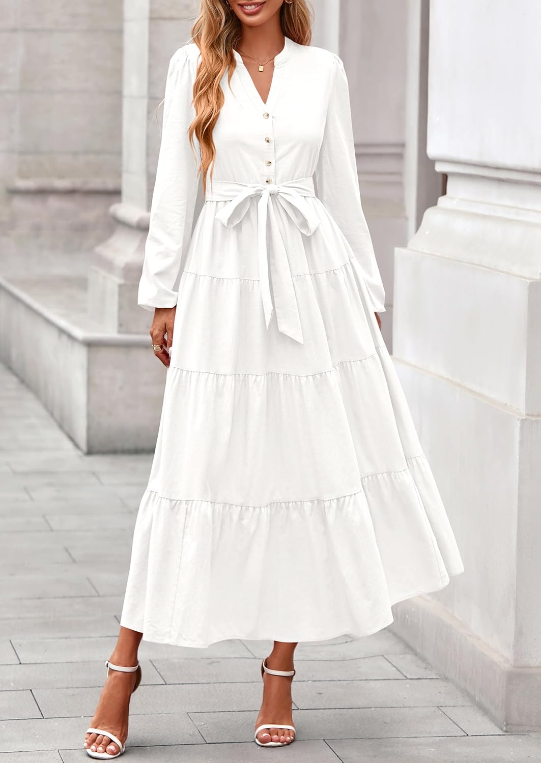 PRETTYGARDEN Maxi Dresses for Women Spring Long Sleeve V Neck Belted A Line Flowy Boho Wedding Guest Dress Pockets - Image 2