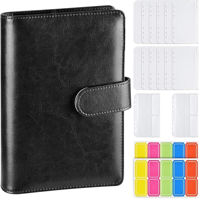 A6 PU Leather Ring Binder, 6 Round Rings Refillable Notebook Binder 14pcs Plastic Zippered Envelopes Pockets, Travel Writing Notebook Diary Binder with Label Stickers- Black