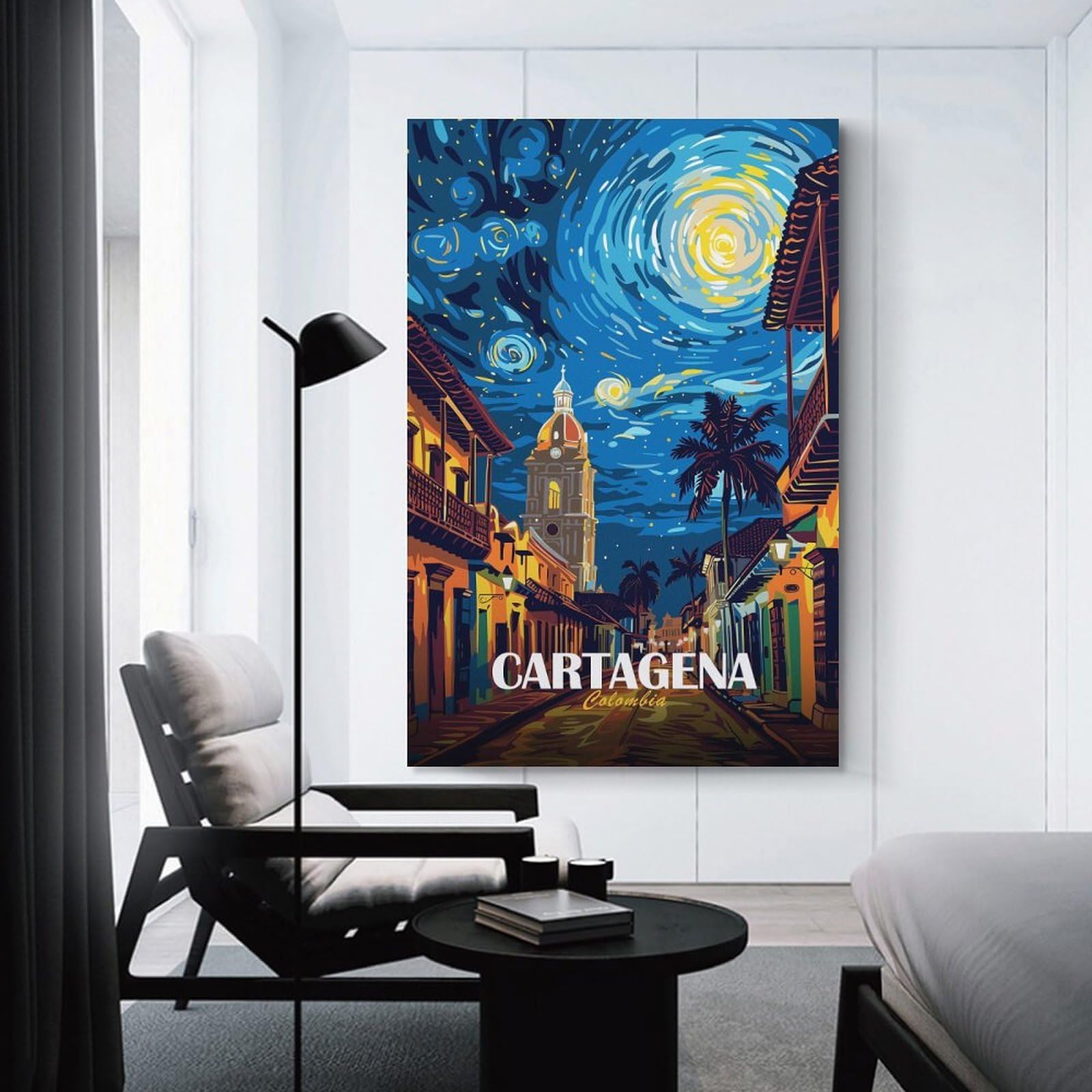 Junmoney Cartagena Colombia Starry Night Cityscape Wall Picture Print 24x36inch(60x90cm), for Corridors, Hallways Or Apartment Entries, Wall Decor to Refresh Empty Corners