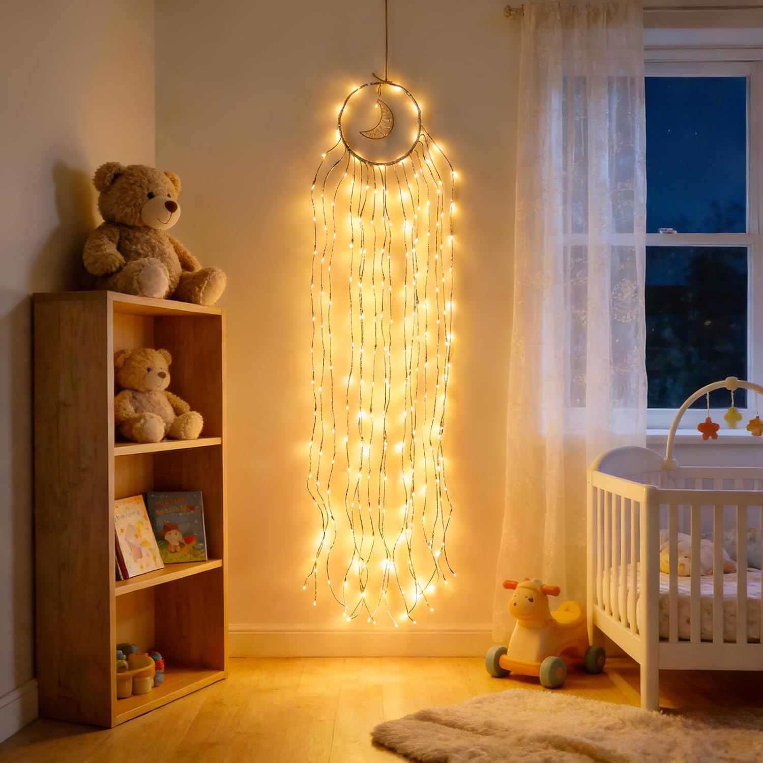 GOESWELL Boho Decor Vine Light for Bedroom: Moon Star Dream Catcher Fairy Lights for Girls Room - 6.4 Feet 250 Led Twig Vines Lights for Bedside Wall - Home Decor for Living Room