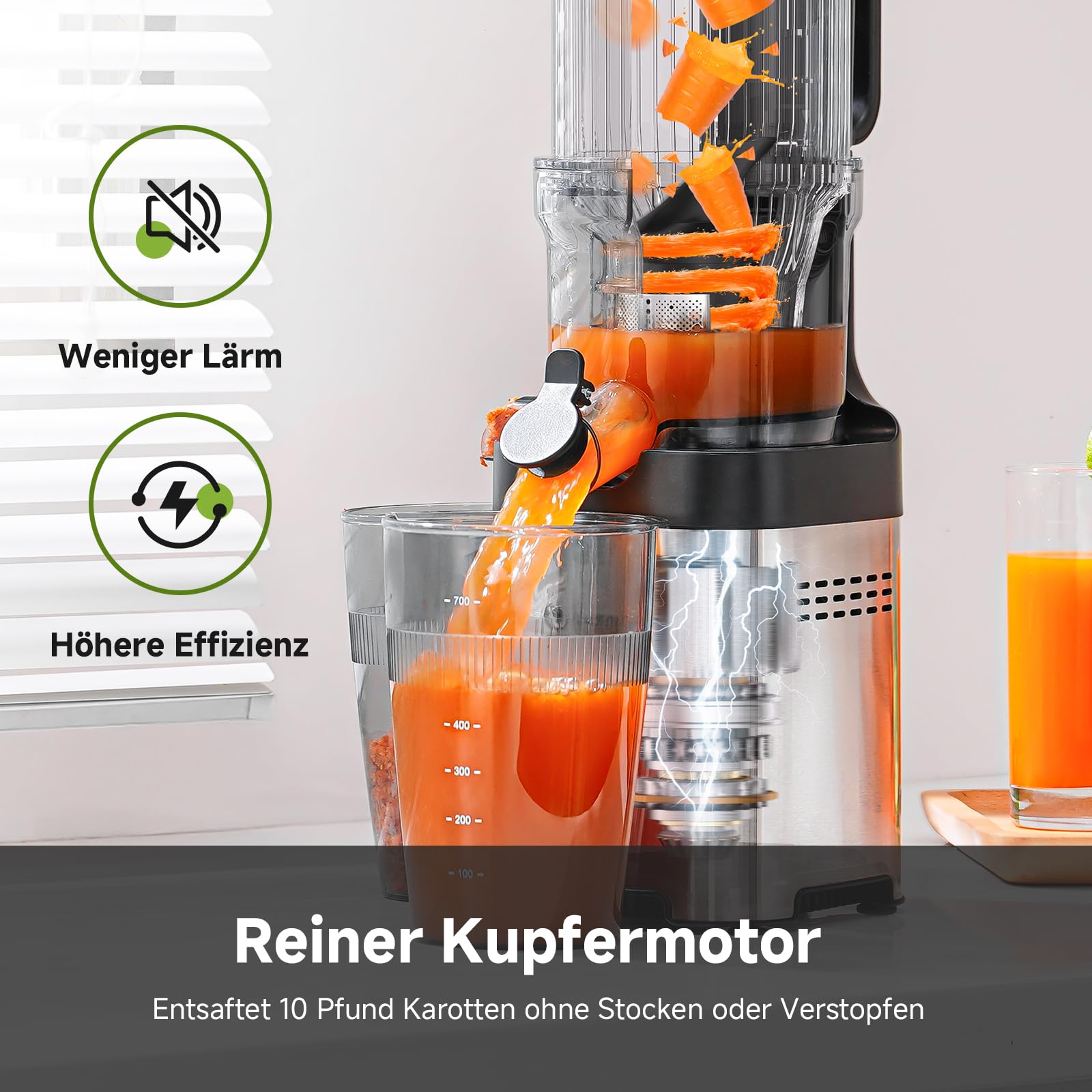 AMZCHEF Wyciskarka wolnoobrotowa do soków, Slow Juicer 60 obr./min, z szerokim otworem wsadowym 120 mm i automatycznym krojeniem, do całych owoców i warzyw, łatwe czyszczenie, srebrna