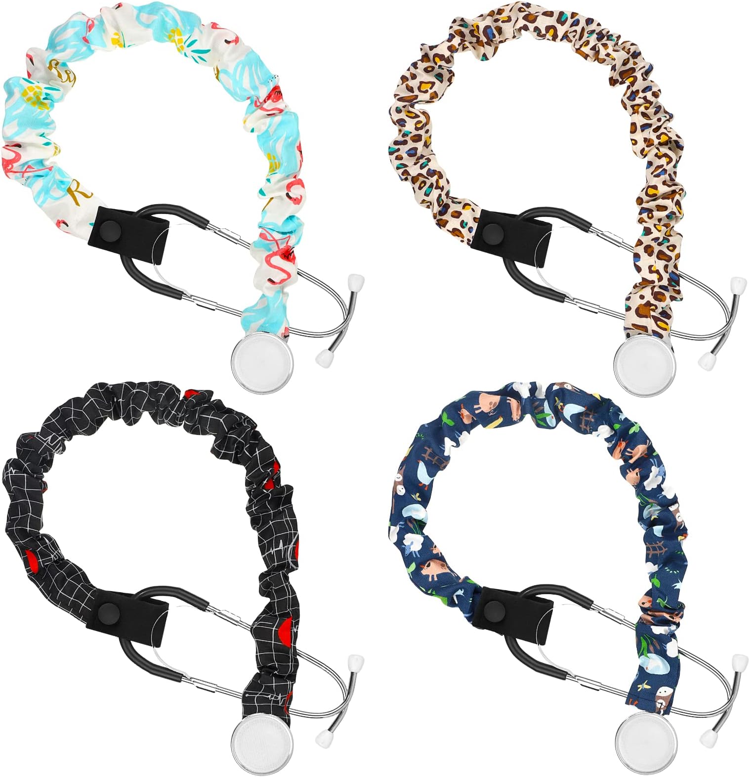 4 Pieces Stethoscope Covers Handmade Scrunchie 4 Kinds of Patterns Colors Cloth Stethoscope Sleeve Compatible with Your Stethoscope or Others with Removable Tube Stethoscope Covers for Nurses Doctors