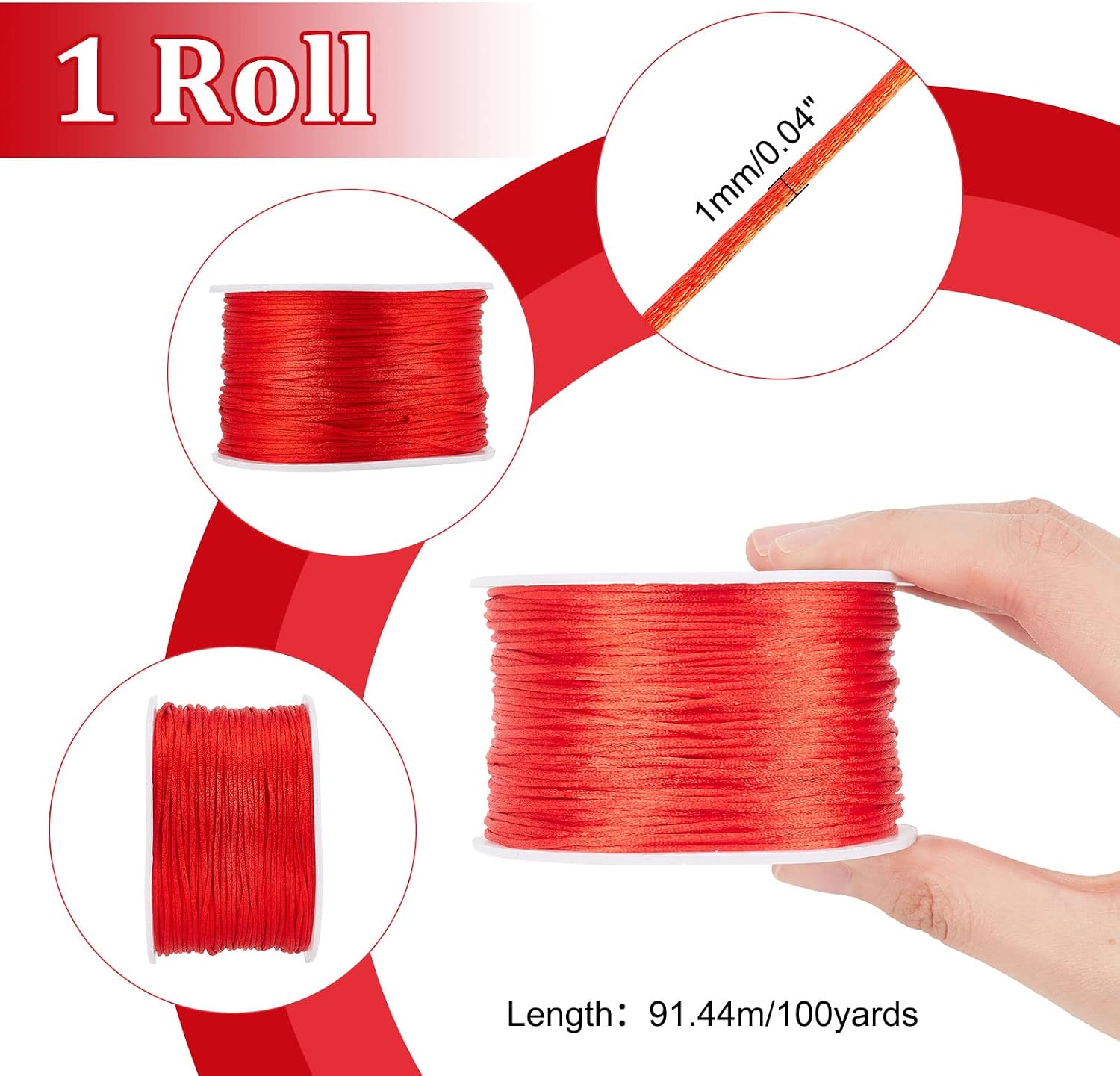 PH PandaHall 1mm Red Rattail Cord Satin Nylon String 100 Yards Chinese Knot Bracelet String for Necklace Friendship Bracelet Kumihimo Macrame Feng Shui Coins Dream Catchers Braid Hair
