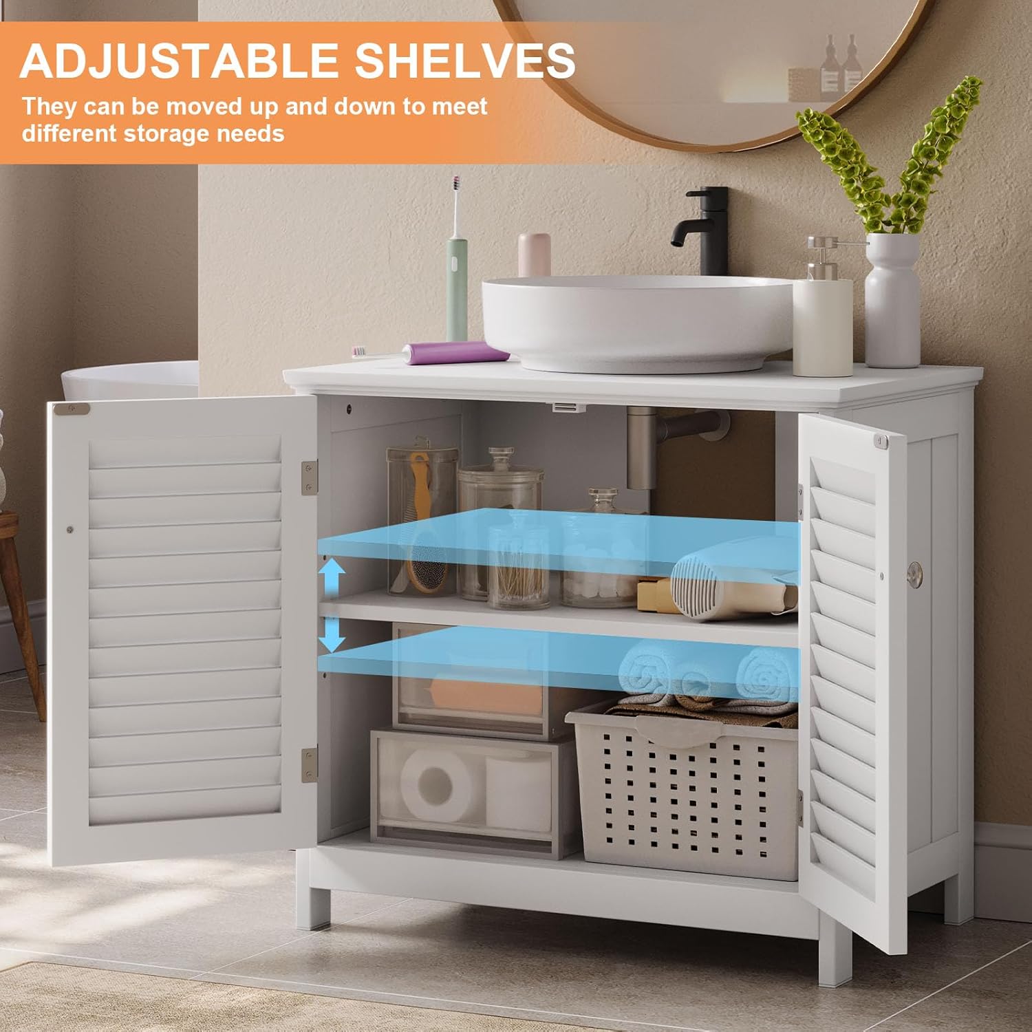 U-Shaped Pedestal Sink Storage Cabinet with 2 Doors & Shelf, Freestanding Bathroom Vanity Organizer Under Sink, 60cm Wide MDF Cupboard for Toiletries & Cleaning Supplies, White
