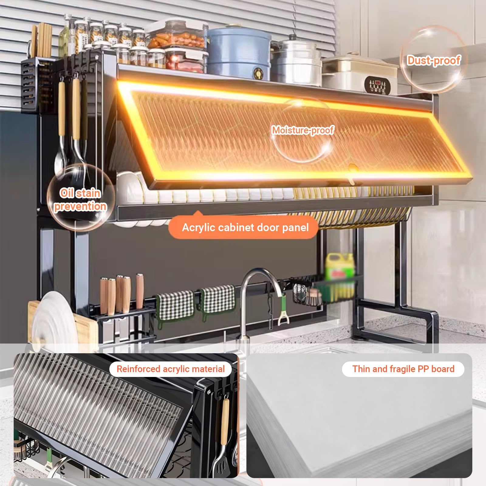 Escurridor de platos multifuncional de acero inoxidable para encimera, para platos, vasos, cuencos y cubiertos