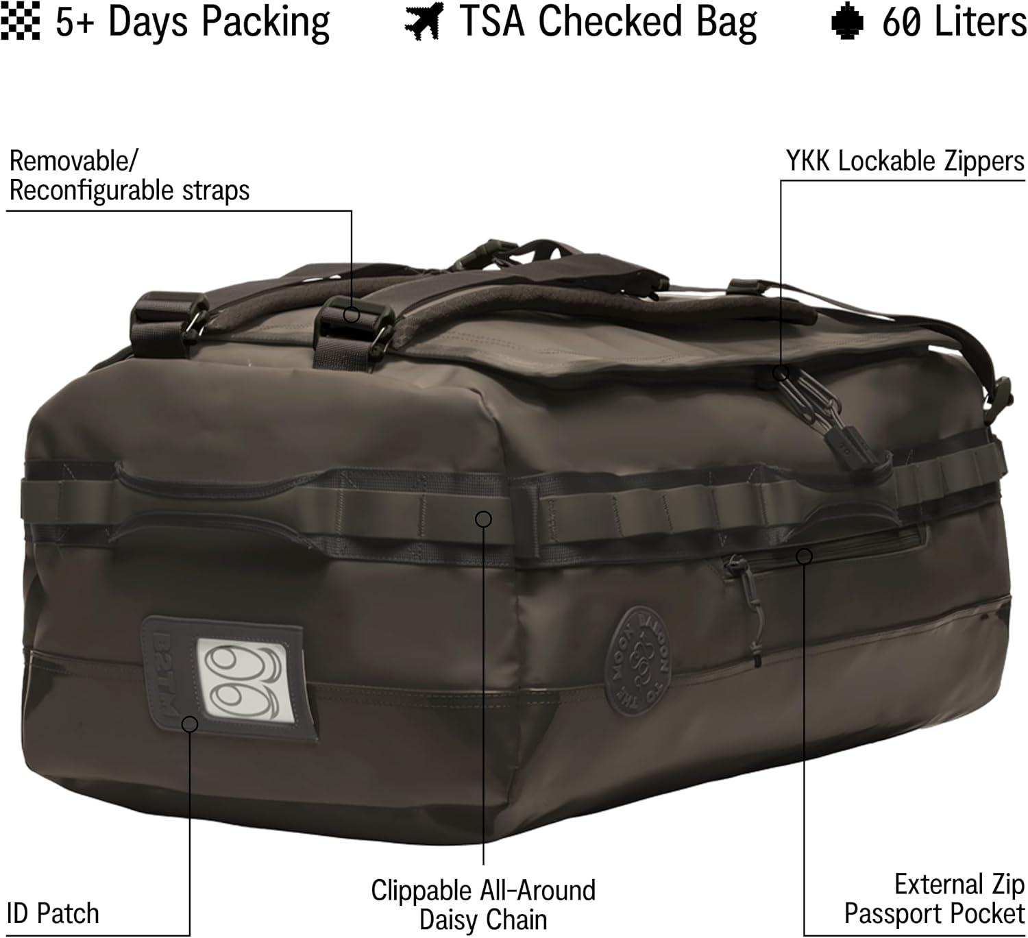 Baboon to the Moon Go-Bag Big Duffle Bag 60L, Stylish Travel Bag, Charcoal image 2