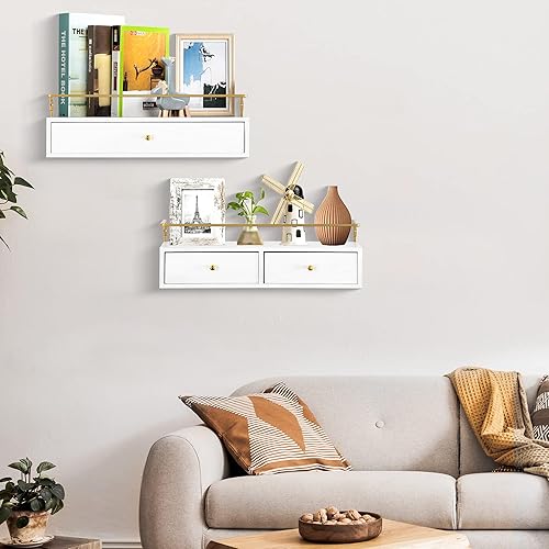 Miniatura 4 de Juego de 2 estantes flotantes con cajones, almacenamiento de pared para baño, sala de estar, cocina, decoración de pared de madera rústica para