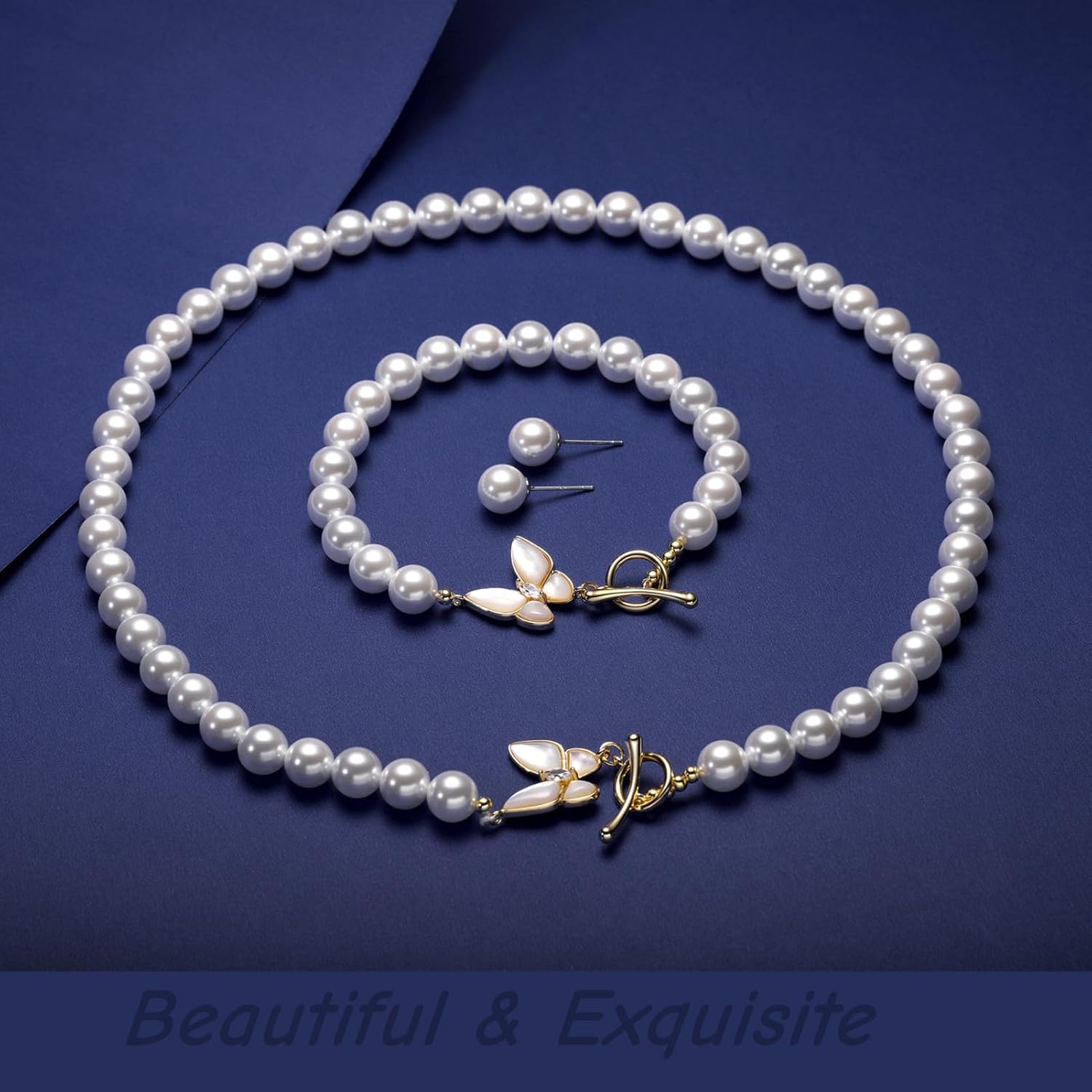 la luen Pearl Necklace Set for Women,8mm Round Shell pearls Necklace Bracelet Earrings Jewelry for Mom Wife - Image 2