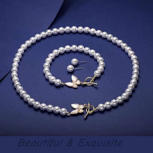 Miniatura 2 de la luen Pearl Necklace Set for Women,8mm Round Shell pearls Necklace Bracelet Earrings Jewelry for Mom Wife