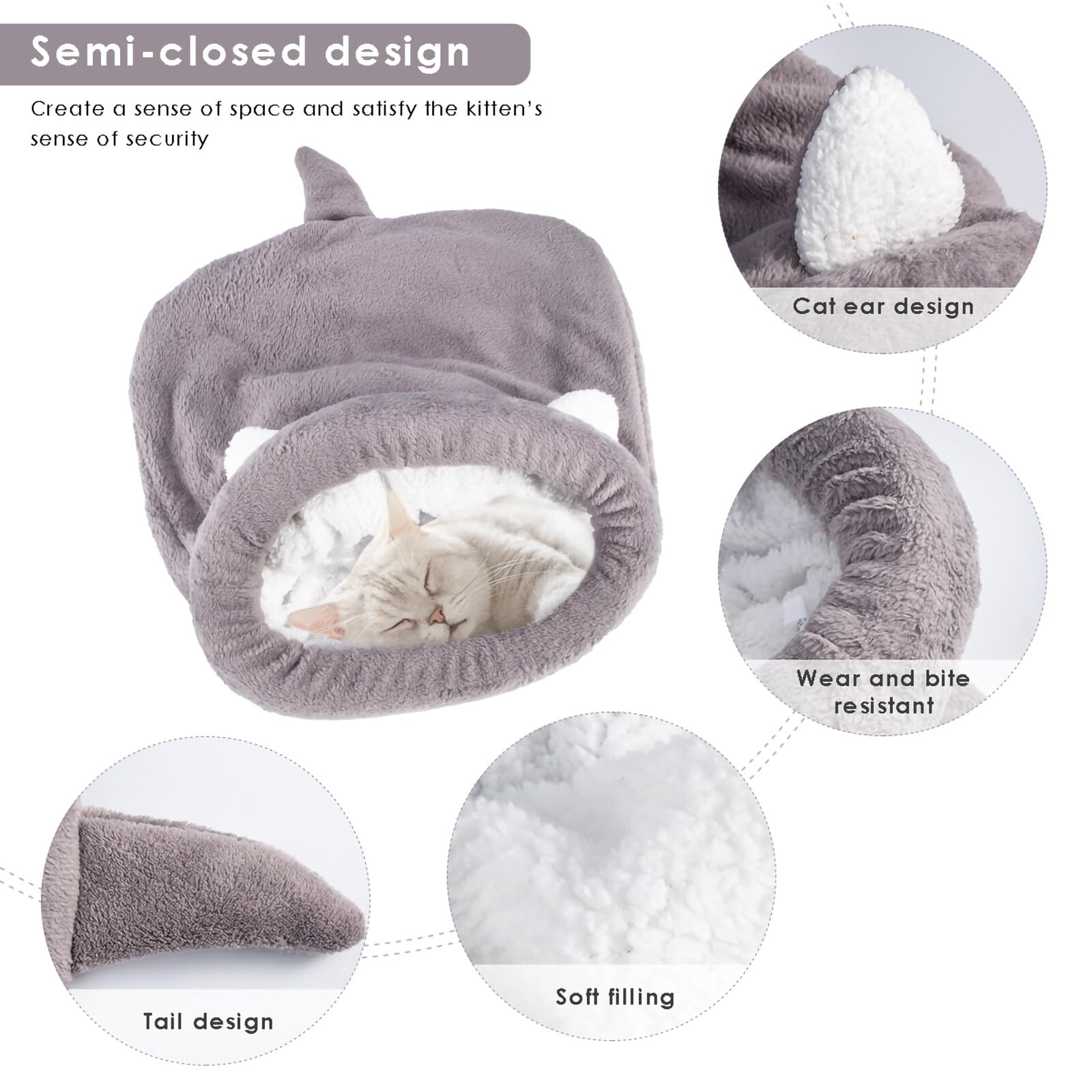 NCONCO Sac de couchage pour chat, chat - Chaud et confortable - Auto-chauffant - Grotte à moitié couverte - Pour chats et chiots (gris, M)