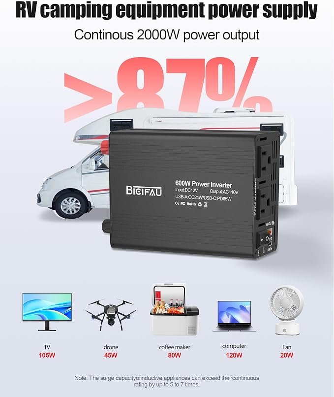 Inversor de corriente para auto 600W 12V a 110V con USB-C miniatura 7