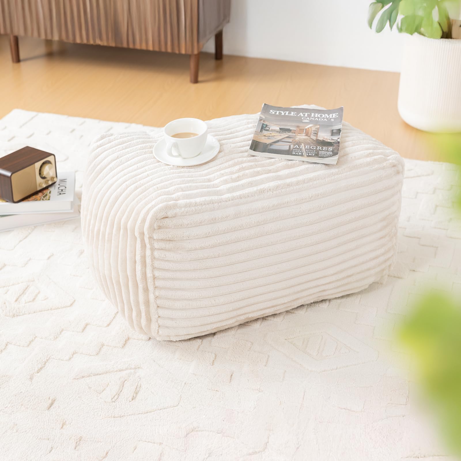 Vamcheer Sitzsack Erwachsene mit Hocker XXL Beige Bean Bag Chair Flauschiger Flanellstoff