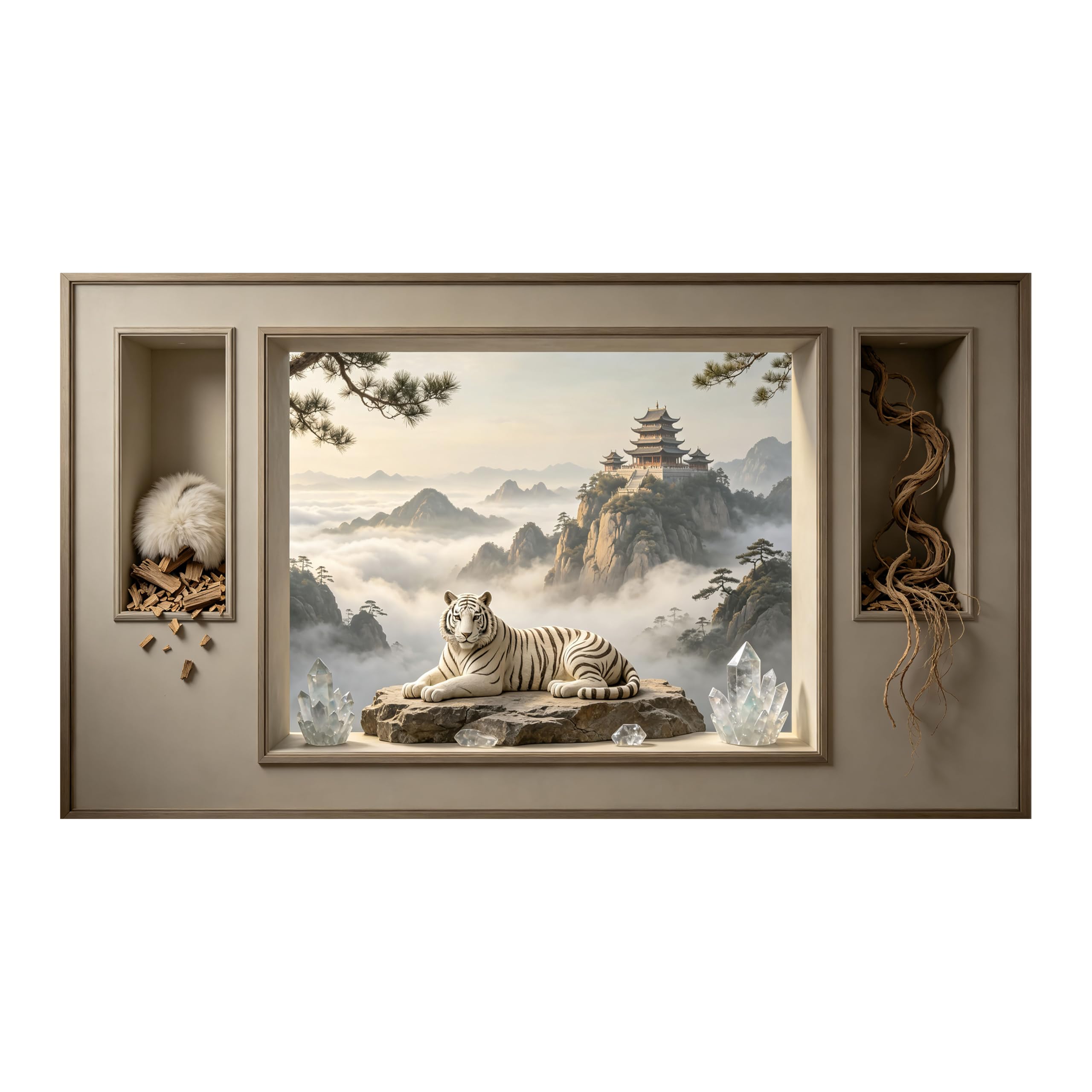Yzpallescene Art260711192 3D Framed Wall Art White Tiger Mountain Temple Misty Landscape Panoramic Large Size Selfadhesive Removable Wall Decor Prints Artwork For Living Room Bedroom Office