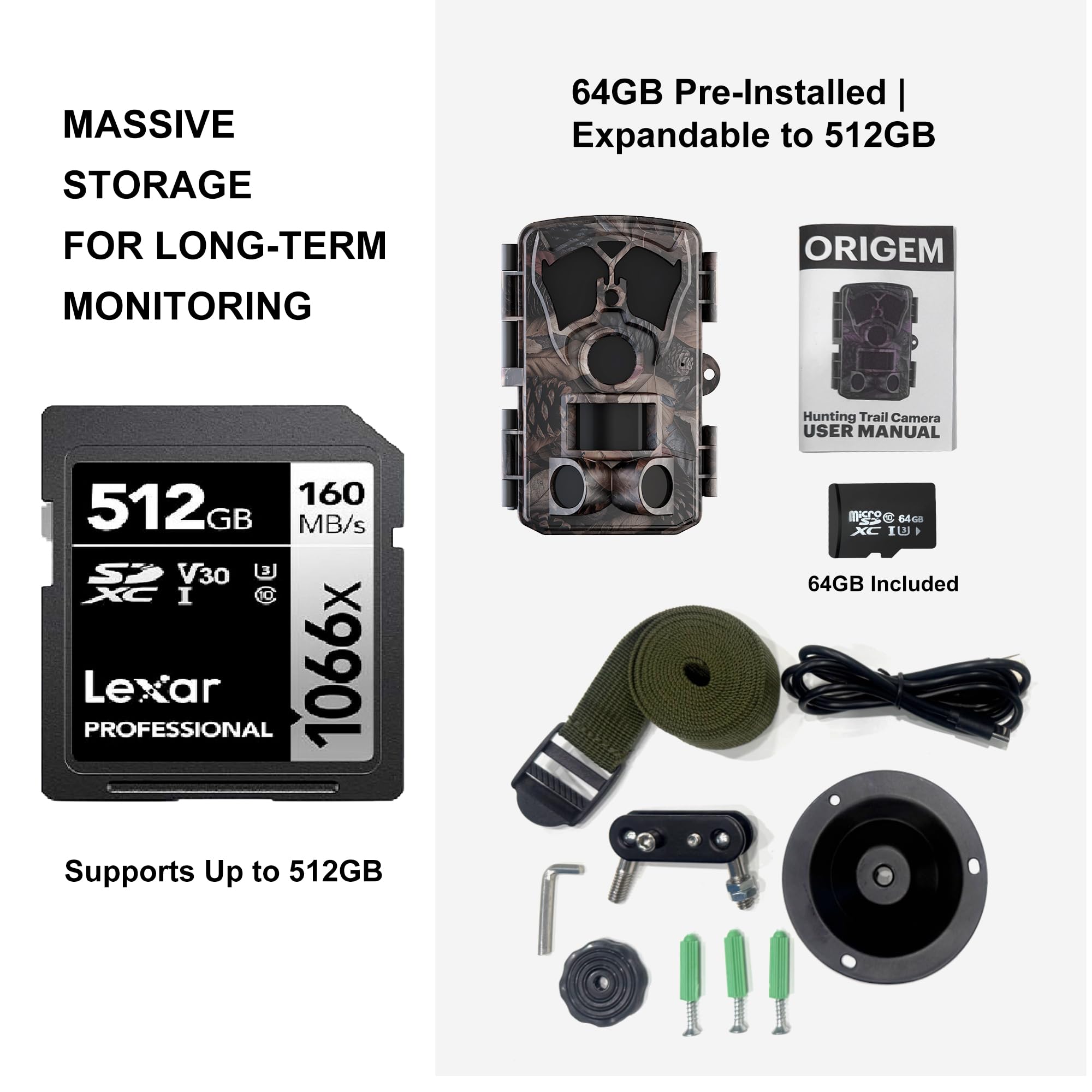 Origem Fototrappola Notturna WiFi 64MP 4K con 64GB SD e App, Fotocamera Caccia 0.1s IR Invisibile 940nm 120° Ultra Grandangolo, Visione Notturna 25m IP66