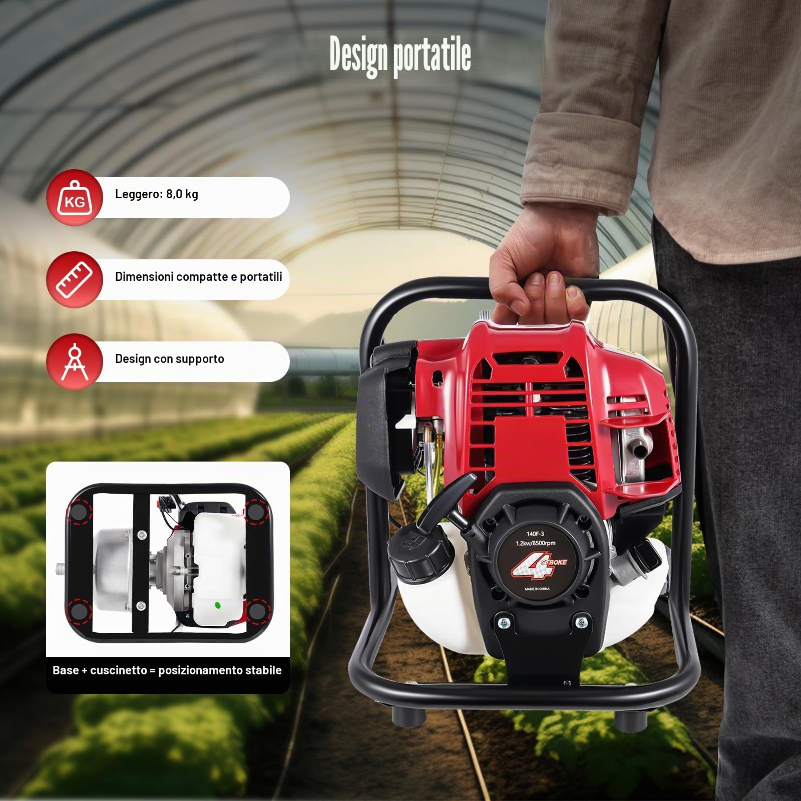 Pompa dell'acqua a benzina a 4 tempi, pompa motore da 1,2 kW con 8100 l/h e 30 m di altezza di estrazione, 10500 giri/min, avviamento via cavo, capacità serbatoio olio 900 ml, diametro