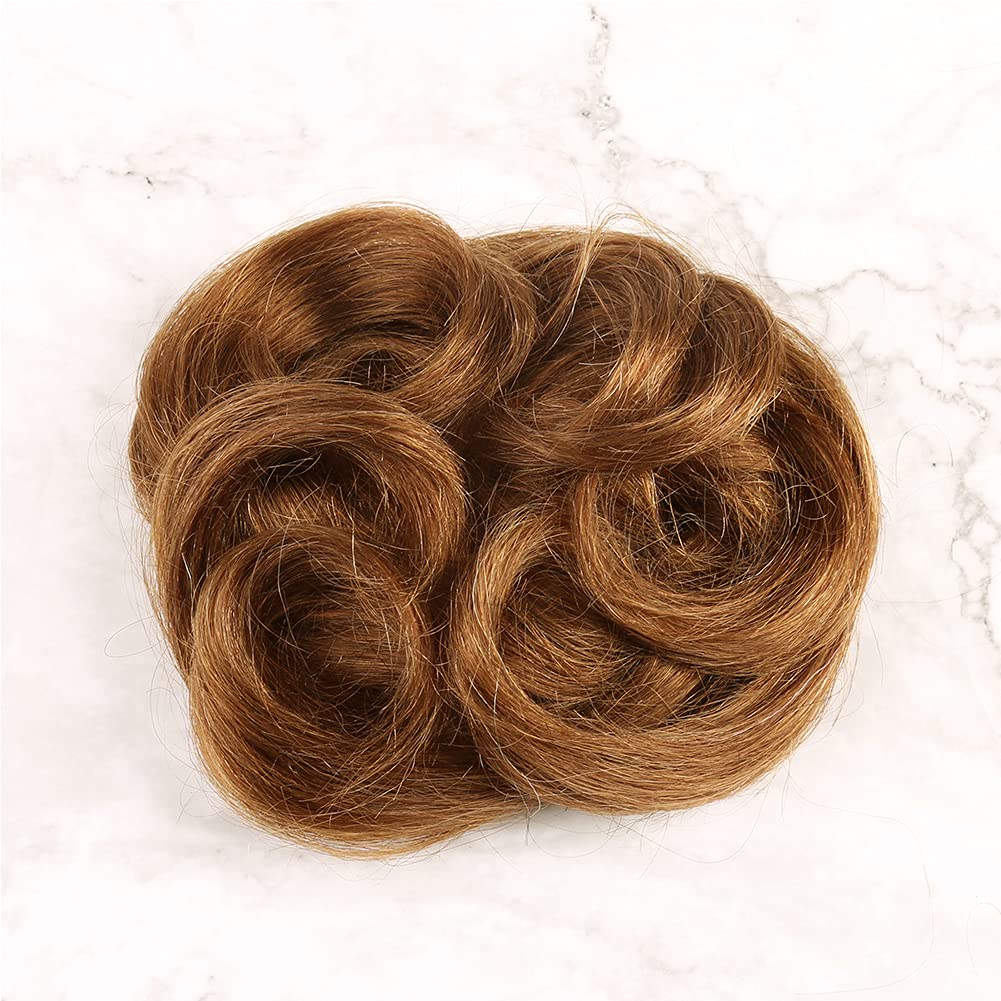 Bella Hair 100% Human Hair Scrunchies for Women Messy Bun Hair Piece Wavy/Curly Up-Do Ponytail Extension (#30 Medium Auburn/Red Brown)