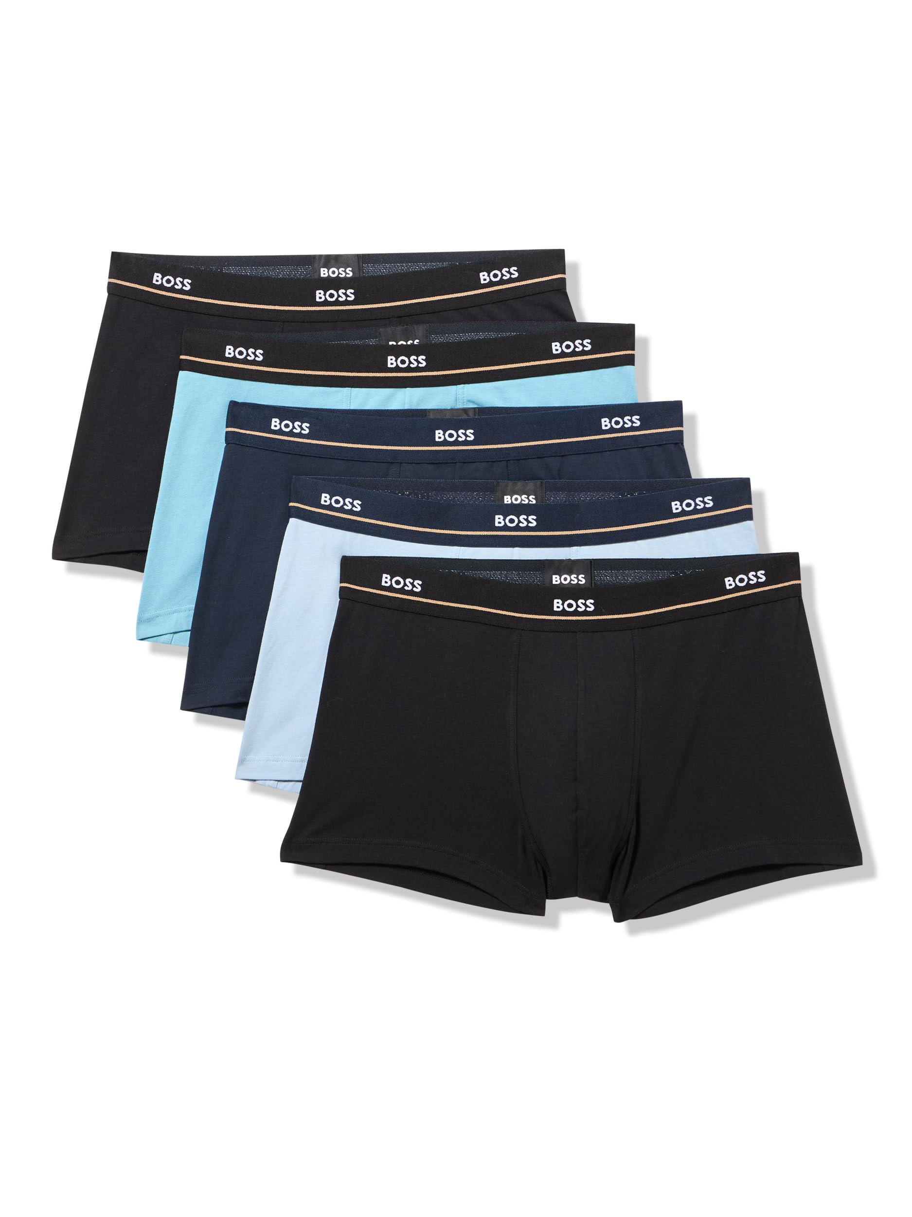 BOSS, 5 Pack Bold Logo Cotton Stretch Trunks, Forever Blue/Ballad Blue/Black/Navy/Black, S