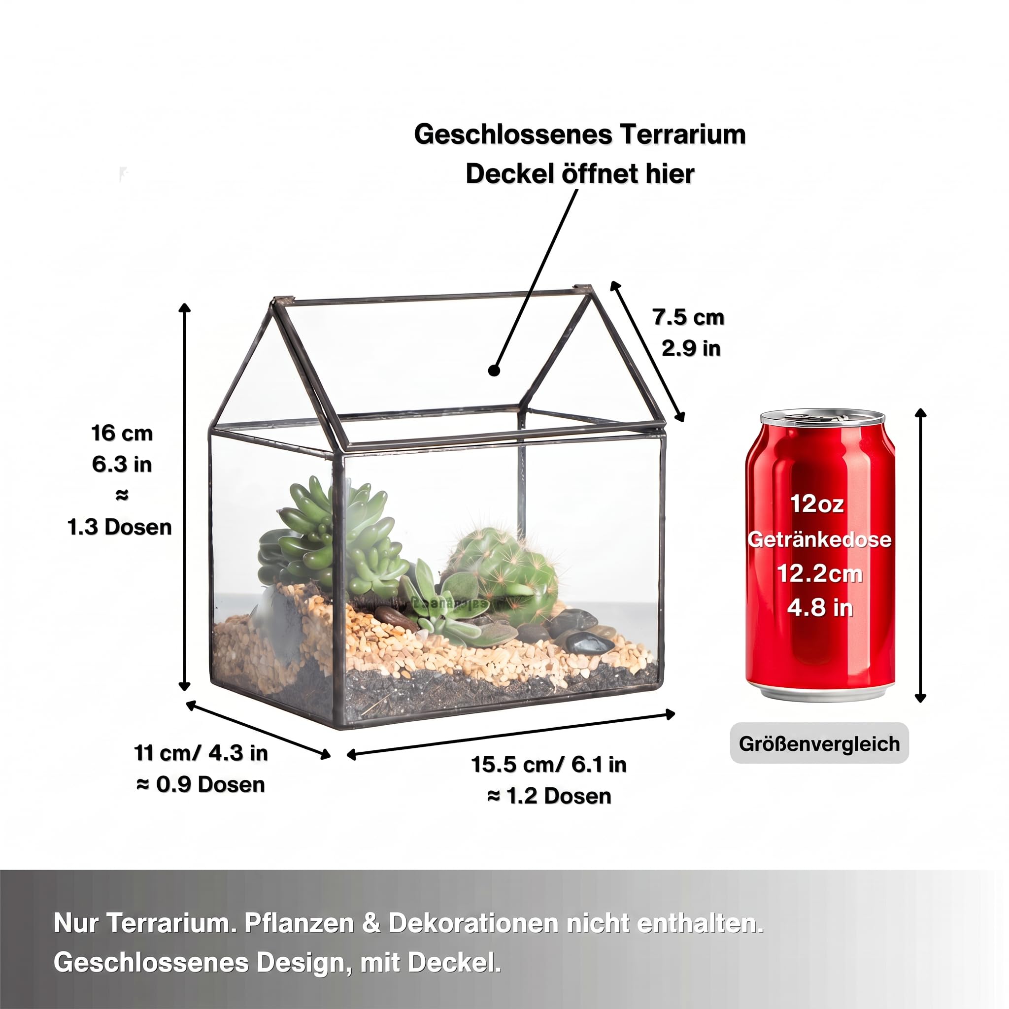 NCYP 15,5x11x16 cm Kleines Geometrisches Terrarium, Haus-Form, Glas, schließbar, Gewächshäuschen für Sukkulenten Moos Farn, mit Klappdeckel (ohne Pflanzen)