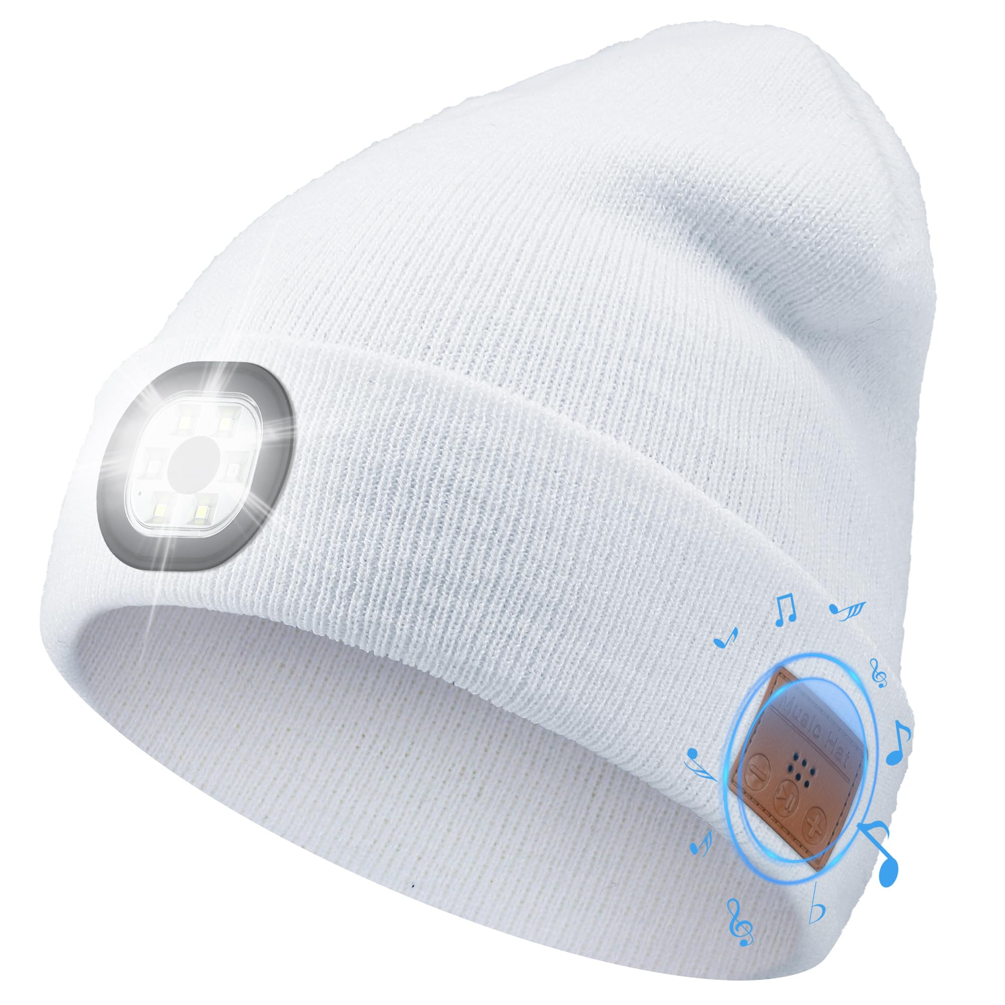 Yontune Bluetooth Hat with Light, Unisex USB Rechargeable 6 LED Headlamp Beanie Cap with Headphones Black Winter Lighted Beanie for Outdoor Sports