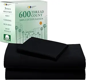California Design Den Twin Sheets Set - Luxury 600 Thread Count Sateen, Natural 100% Cotton Bed Sheets, Fully Elasticized Deep Pockets, Crisp, Cool and Durable Hotel Quality Bedding - Black