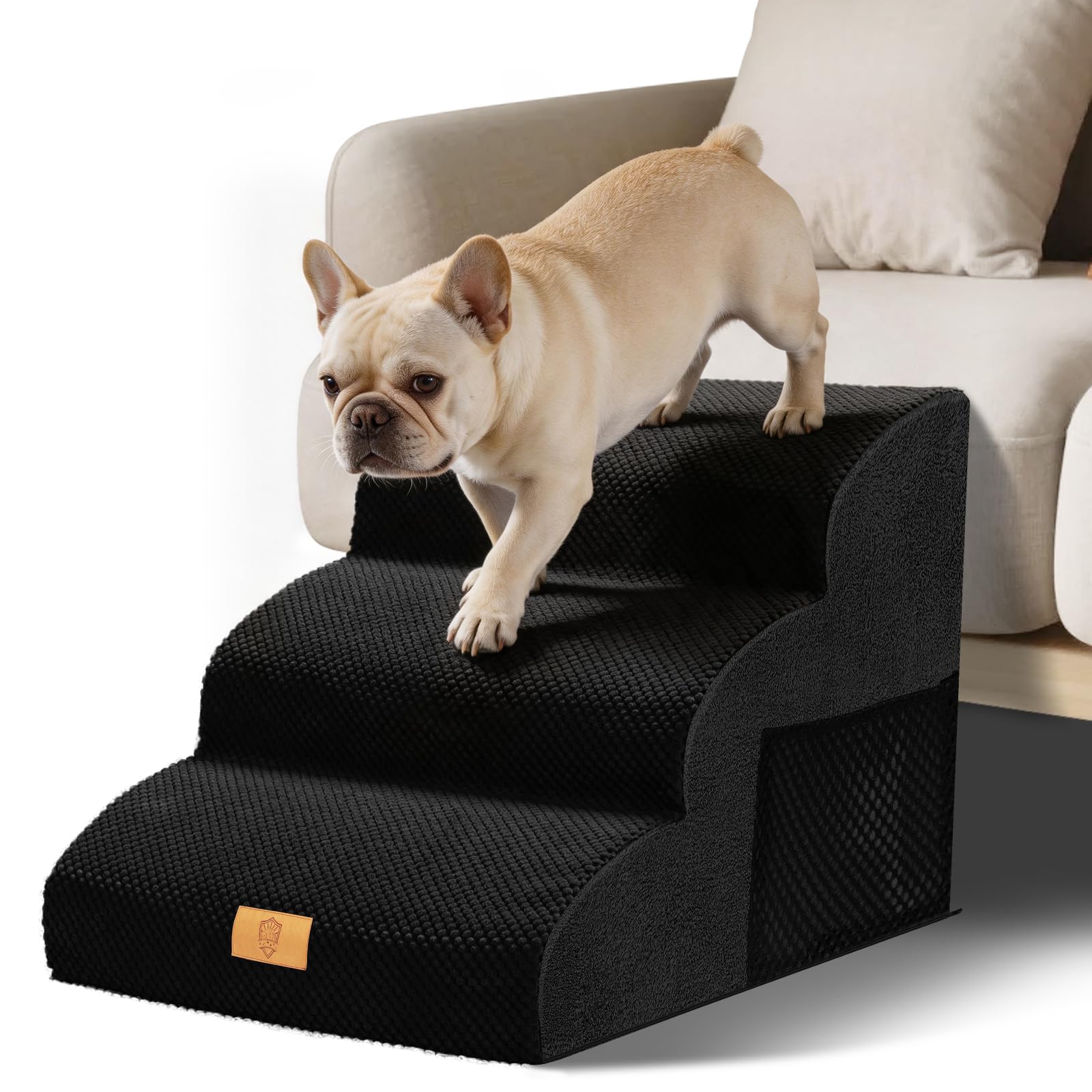 Small Dog Stairs, Pet Stairs, 3 Steps, High Density Sponge, 40 cm High with Waterproof Cover, Non-Slip for Sofa Bed, Black