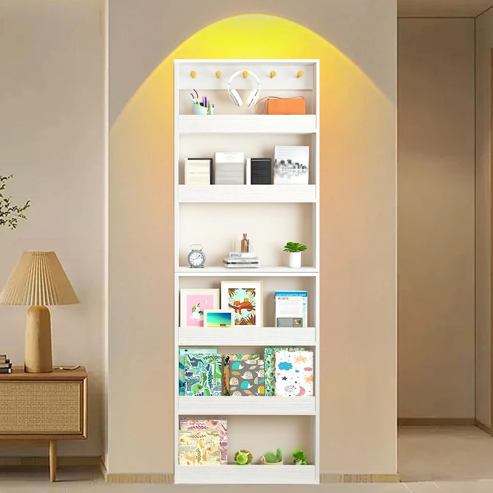 LINLIUA 6-Tier Behind The Door Bookshelf, Kids Bookshelf Wall Mounted with Hooks, Wooden Adjustable Behind The Door Storage Bookshelf for Living Room