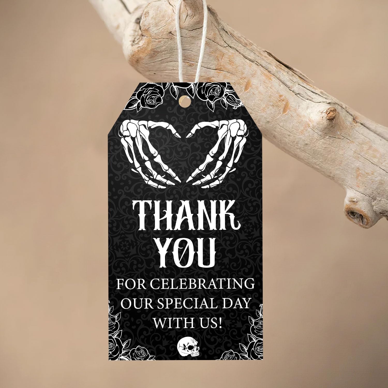 50Pcs Gothic Themed Thank You Tags Gothic Birthday Party Decorations Skeleton Heart Thank You Gift Tags Death to My Twenties Party Favors for Women Gothic 30th 40th Birthday Bachelorette Party Favors image 3