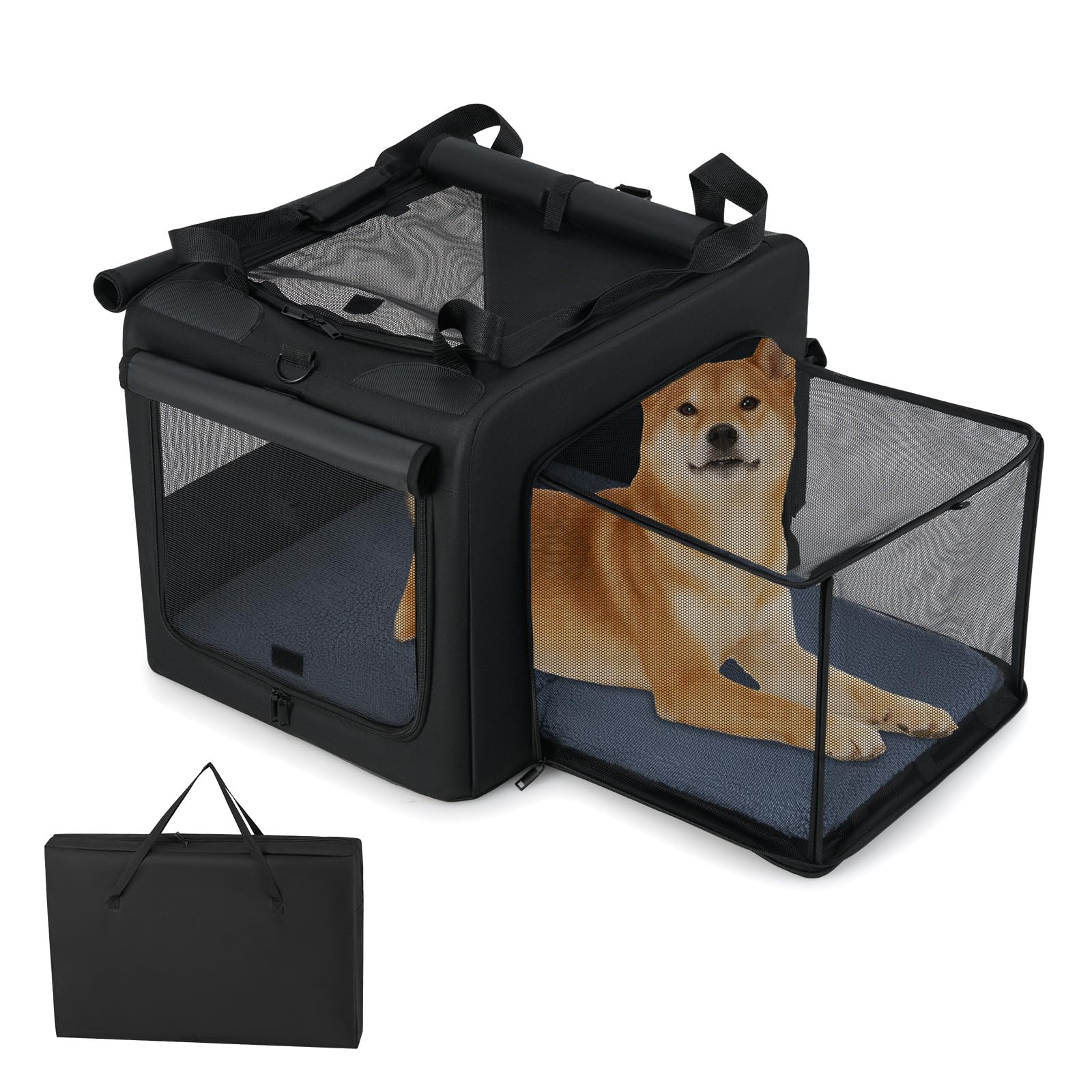 COSTWAY Transportín para Perros, Bolsa Transportin Portátil y Plegable para Mascotas con 2 Aberturas y Ventana, Cesta Interior de Malla, Bolsillos Laterales para Interior Exterior (80 x 65 x 42 cm)