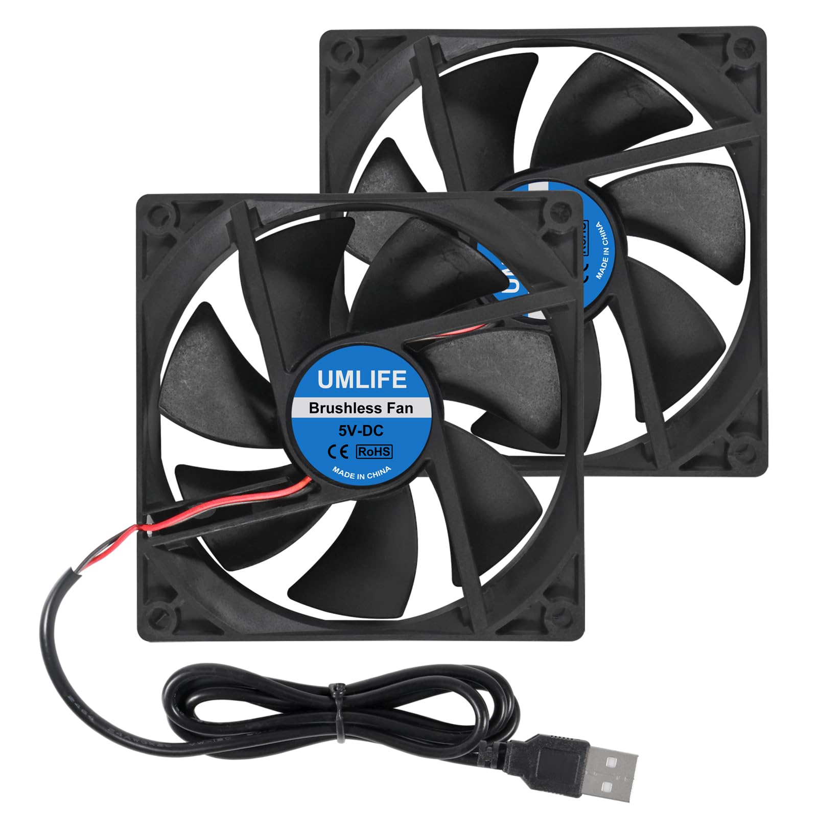 UMLIFE 2 Pack 92mm USB Fan for DIY Cooling Ventilation - 92mm x 92mm x 25mm - 5V DC 0.12A 2000 RPM 43.4CFM 27.3dBA Sleeve Bearing 35000h Life