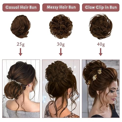 Miniatura 6 de RUWISS Extensiones de cabello humano real largo y fino, lacio, recogido, moño recogido, elegante, para mujer, 0.88 oz (marrón oscuro con un 15% de