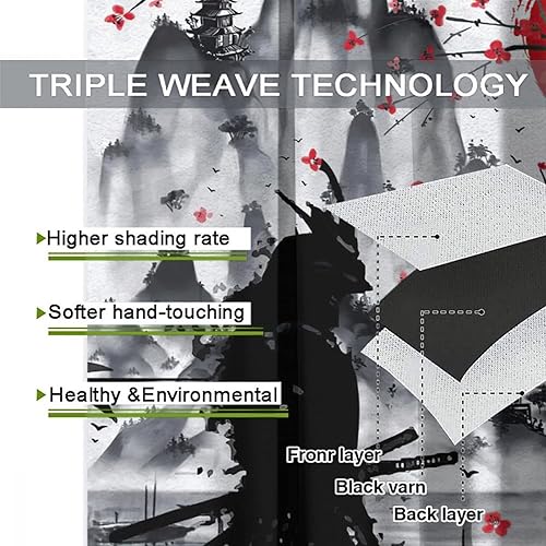 Miniatura 7 de Cortinas opacas japonesas retro para dormitorio, tinta de acuarela, samurái, sol rojo, montaña, cerezo, flores, ojales, aislamiento térmico,