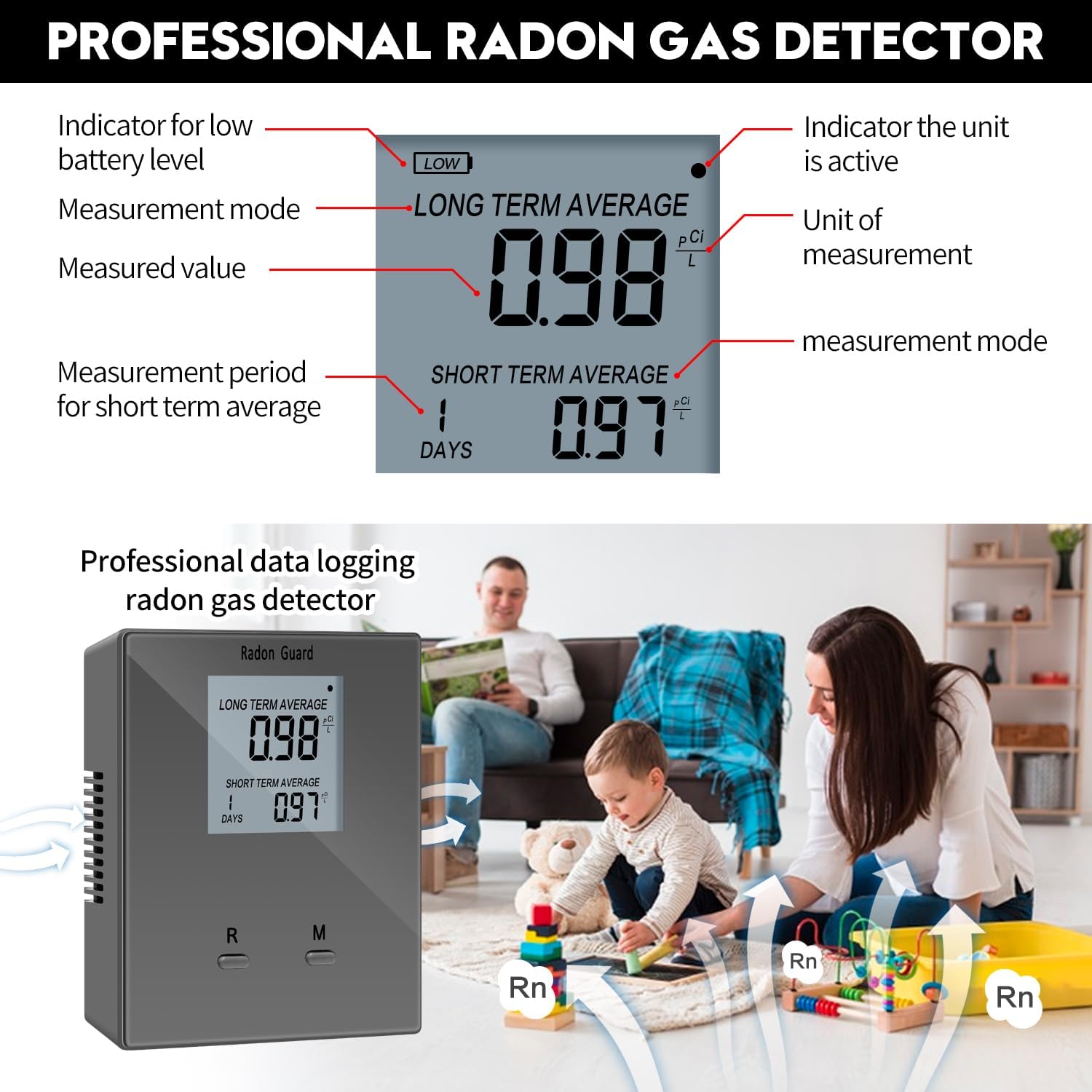 Home Radon Detector, Portable Radon Meter, Long and Short Term Home Radon Monitor, Battery-Powered, Prevent Excessive Radon Levels, Keep Your Health, Gray, Grey, BG-005