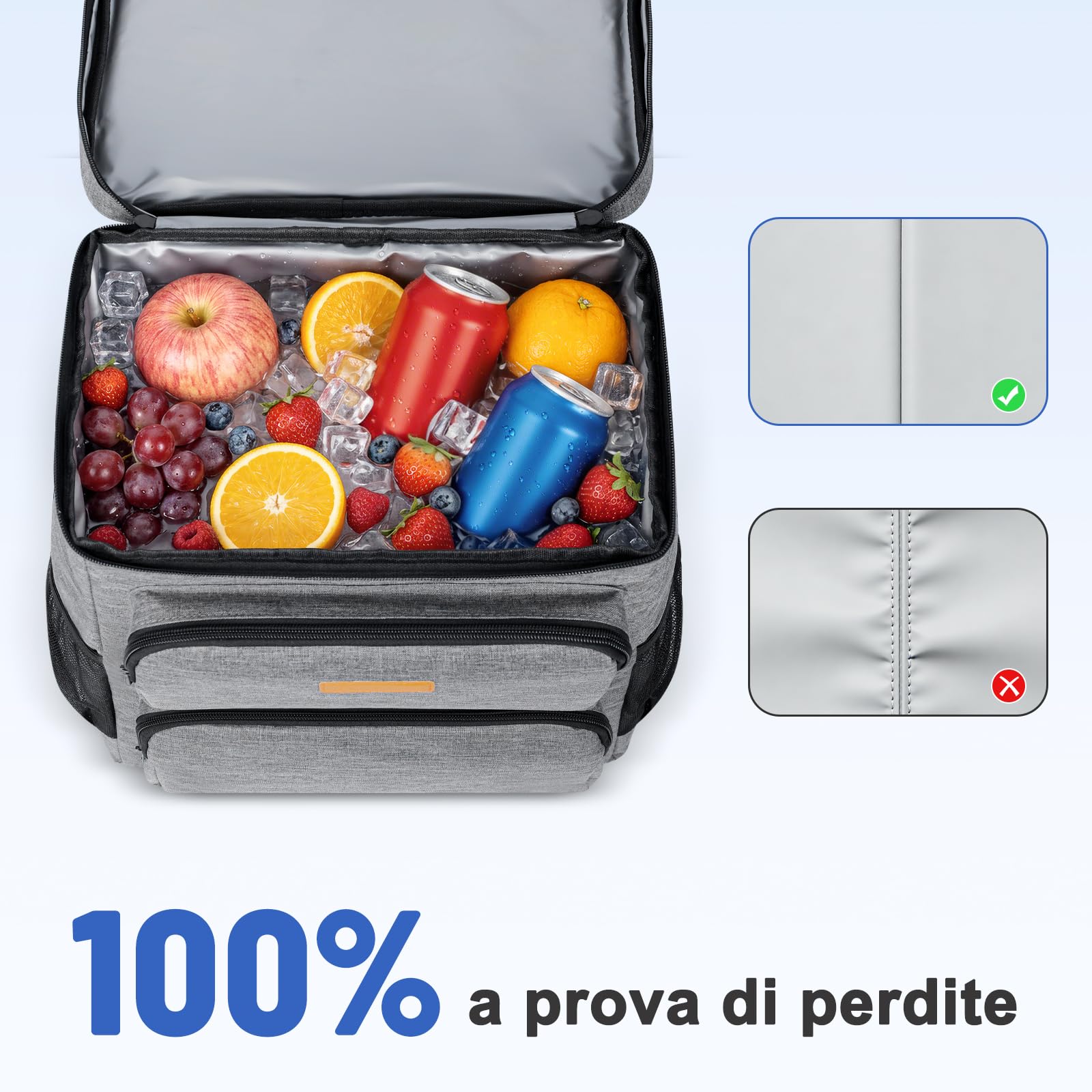 Zaino Termico Isoterma Impermeabile 33L Borsa Frigo Porta Pranzo per Spiaggia Grigio