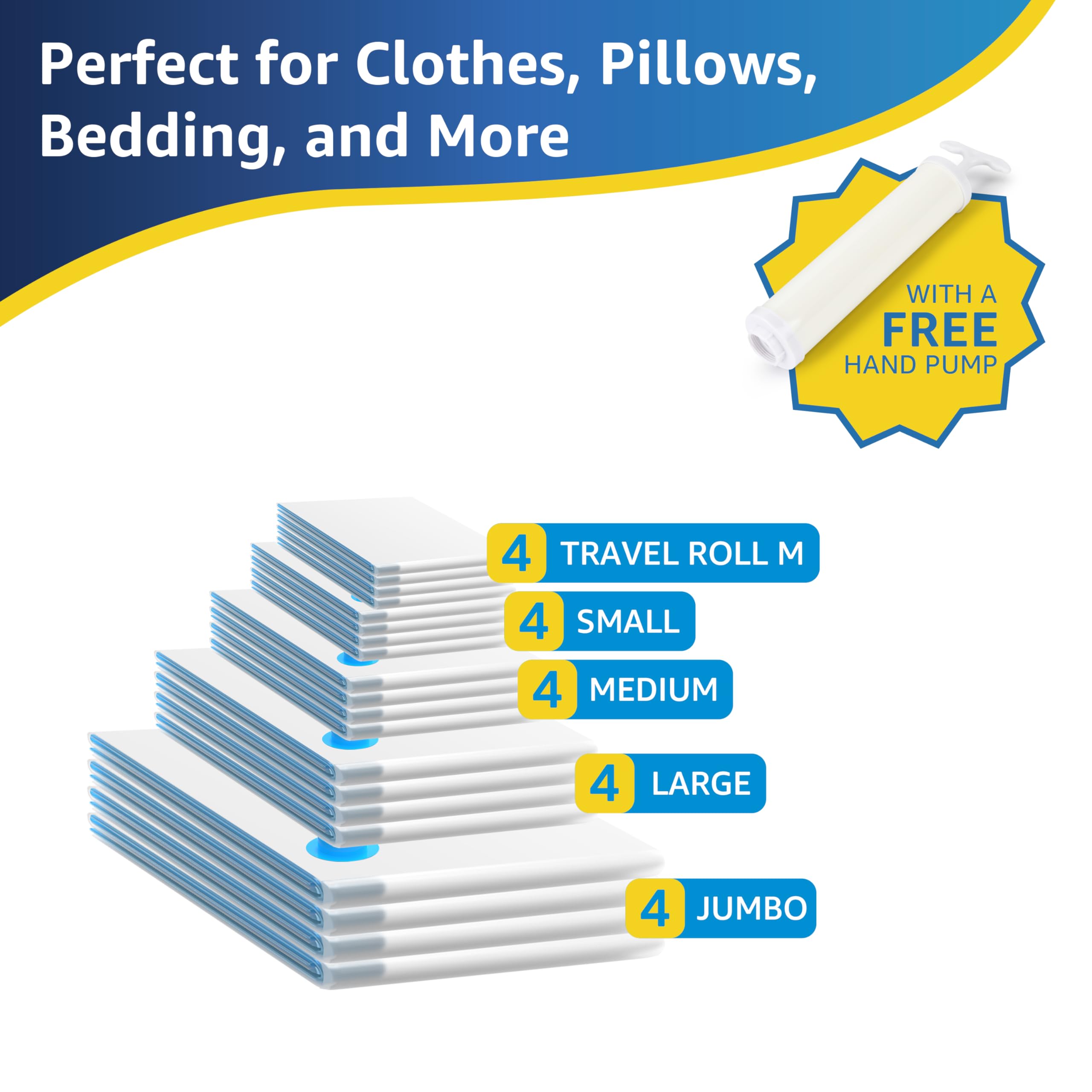 Paquete de 20 bolsas de almacenamiento al vacío (4 jumbo/4 grandes/4 medianas/4 pequeñas/4 rollos M) bolsas de ahorro de espacio, bolsas de sellado al vacío con bomba de mano para edredones, mantas