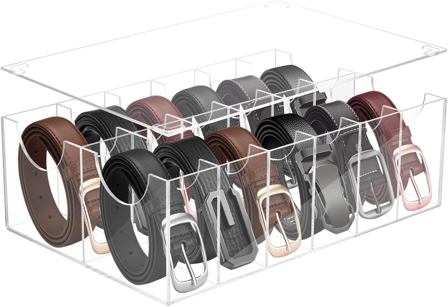Belt Organizer with Dust Cover, Acrylic 12 Compartments Belt Container Storage Holder, Acrylic Belt Display Storage Box, Clear Belt Display Case for Closet Tie and Bow Jewelry Bracelets Ring Cosmetic