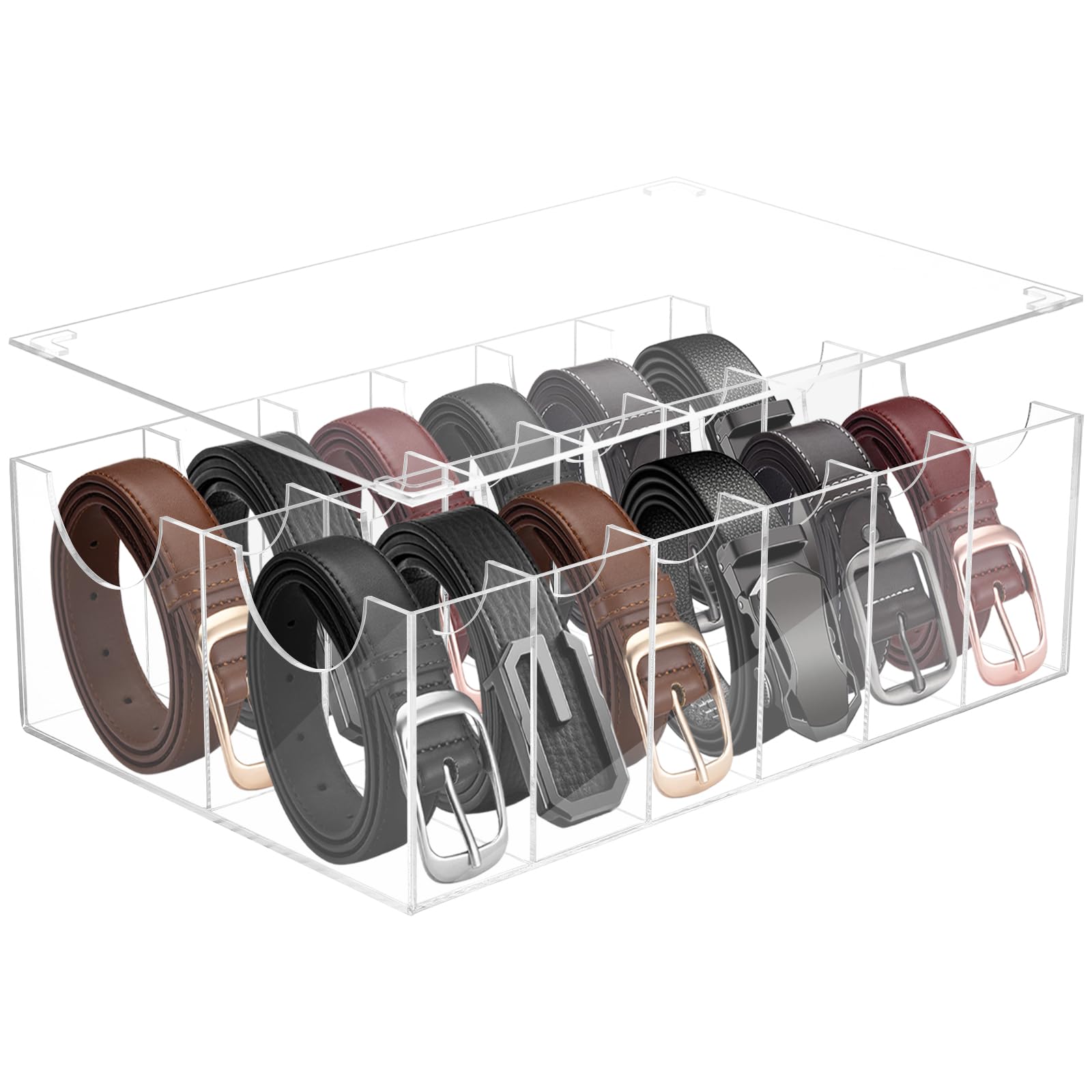 Belt Organizer with Dust Cover, Acrylic 12 Compartments Belt Container Storage Holder, Acrylic Belt Display Storage Box, Clear Belt Display Case for Closet Tie and Bow Jewelry Bracelets Ring Cosmetic