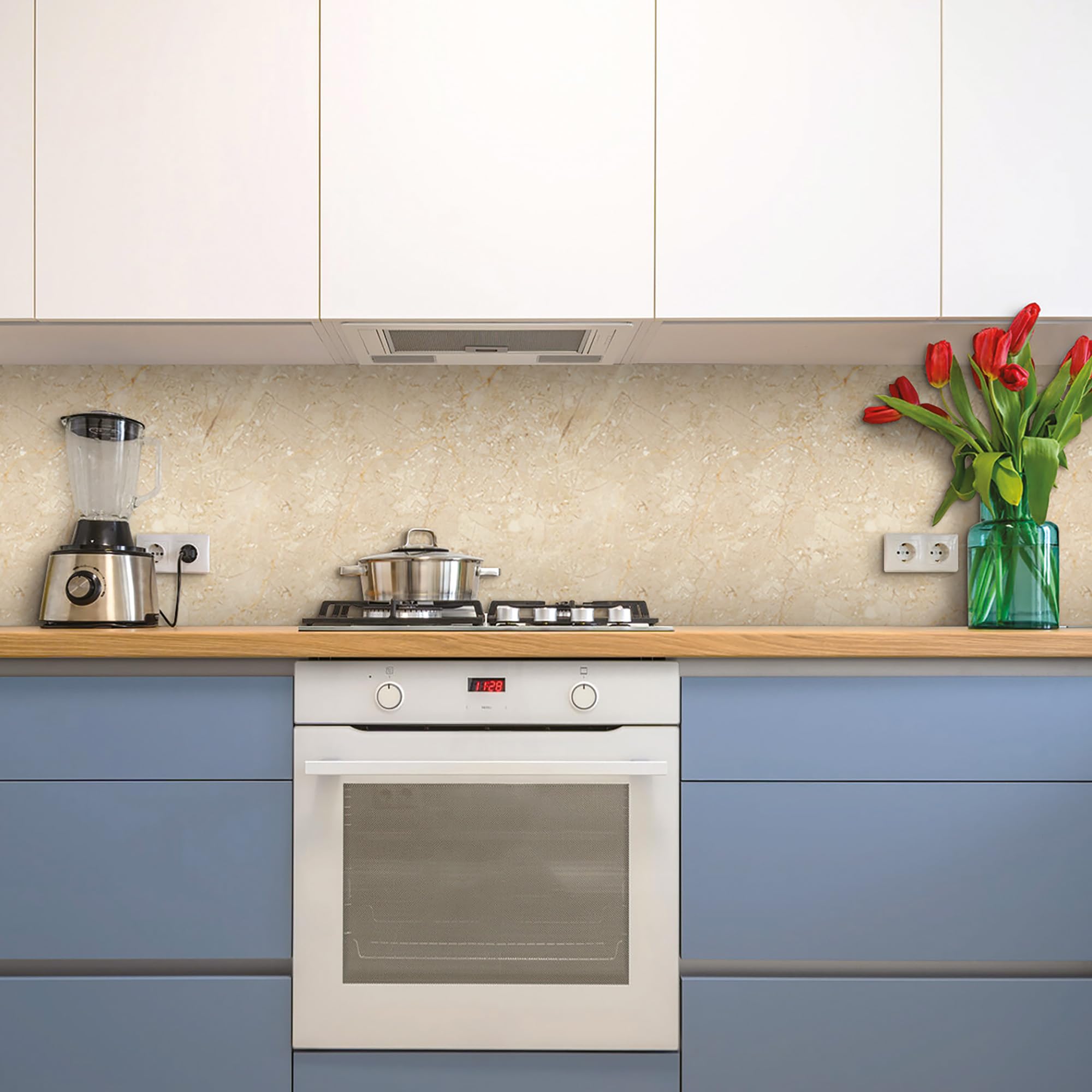 CREARREDA Kitchen Splash Guard Cover, Wall Sticker for Stoves, 60 x 58 cm, Glossy Effect, 1 mm Thick, Hard, Fireproof and Resistant to Heat and Water, Travertine Stone